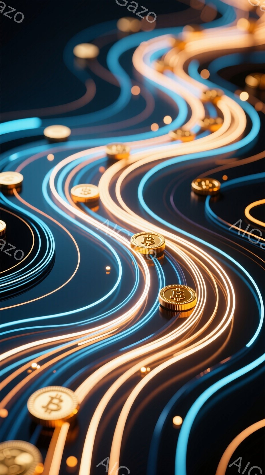鮮やかなネオンカラーの光線が渦巻く抽象的なイメージで、背景は暗く、光の軌跡が視覚的な中心となっています。 金色のビットコインのアイコンが、光の軌跡上に点在しており、未来的なテクノロジーと金融を連想させます。 全体として、ダイナミックでエネルギーに満ちた、洗練された雰囲気を持っています。