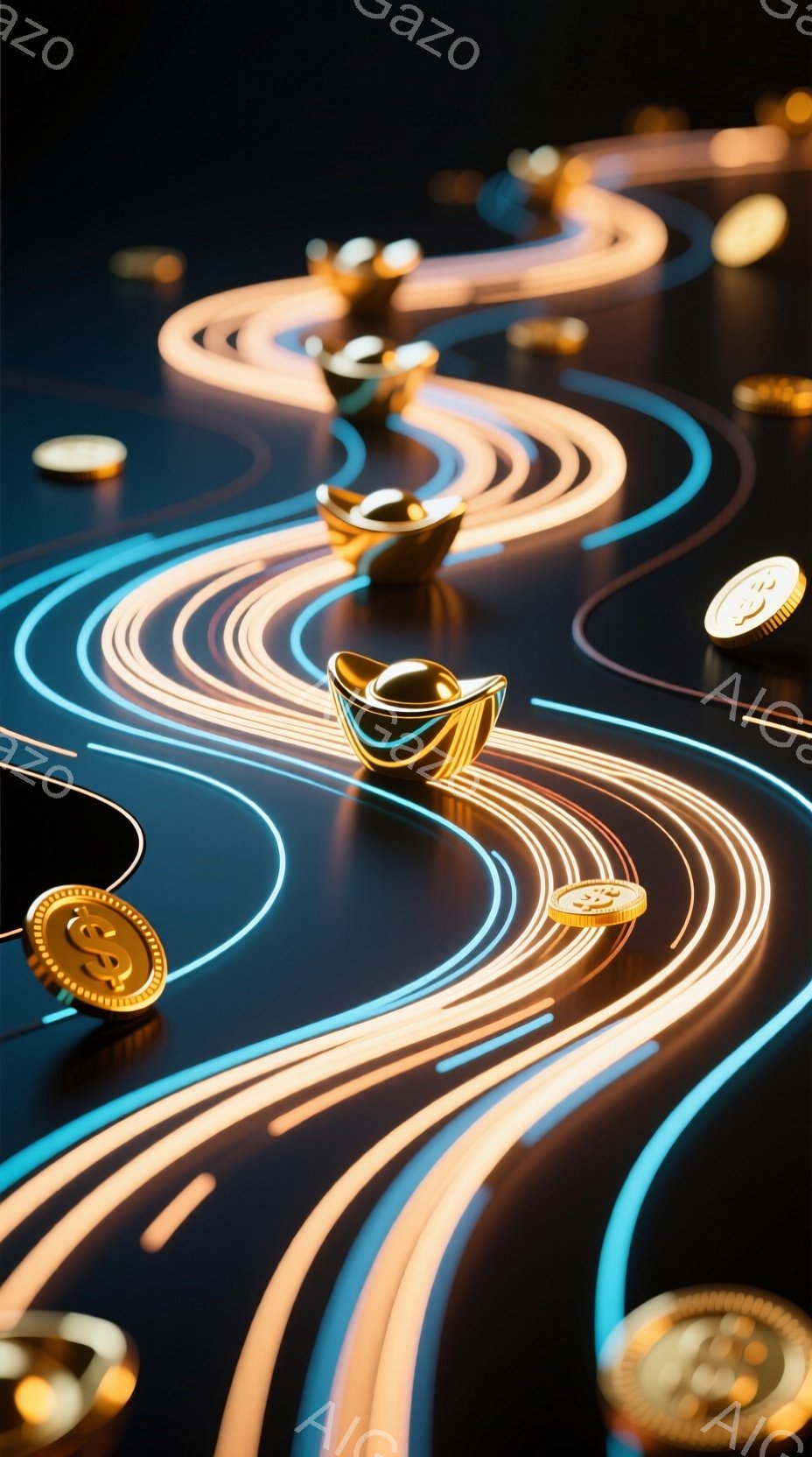 深い紺色の背景に、光る線が渦巻状に広がり、金色のコインと小舟が配置されています。コインは光を反射し、金色の小舟は線の上で中心に置かれ、未来への道や富への道のりを示唆しているようです。 全体的に、未来的ながらも伝統的な要素が混ざり合った、希望と繁栄を象徴する雰囲気です。
