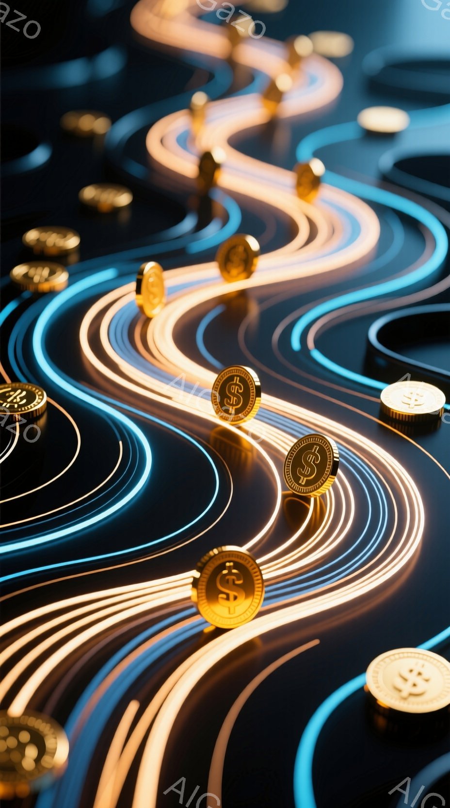 暗い背景に、金色のドルサインが刻まれたコインが散りばめられ、それらを取り囲むように光の帯が渦巻状に流れています。光の帯はオレンジ、黄色、水色のグラデーションで、まるでエネルギーの流れや回路を連想させます。全体的に、富、テクノロジー、そしてダイナミックなエネルギーを感じさせる未来的なイメージです。