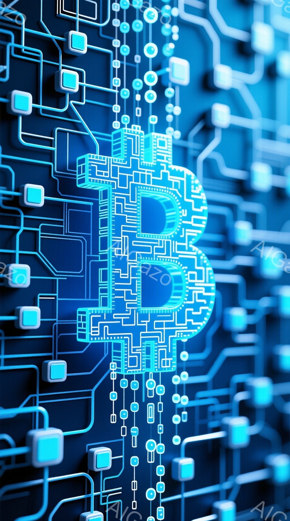 この画像は、青色の背景に複雑な回路図のようなパターンが描かれています。パターンは、小さな四角いブロックとそれらを繋ぐ細い線で構成され、全体的に技術的で未来的な印象を与えます。中央には、回路図で構成された大きな「B」の文字が浮かび上がり、デザインの中心となっています。