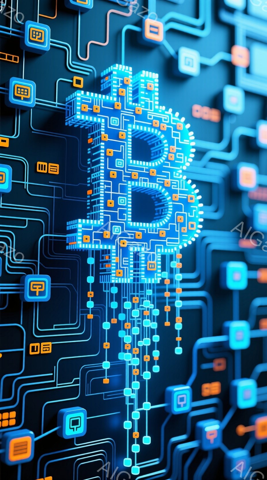 この画像は、複雑な回路図のような背景に、鮮やかな青色とオレンジ色の光が走る抽象的な表現です。幾何学的な線と小さな正方形のアイコンが網の目のように連なり、未来的なテクノロジーやデジタル世界のイメージを喚 - AI生成フリー素材