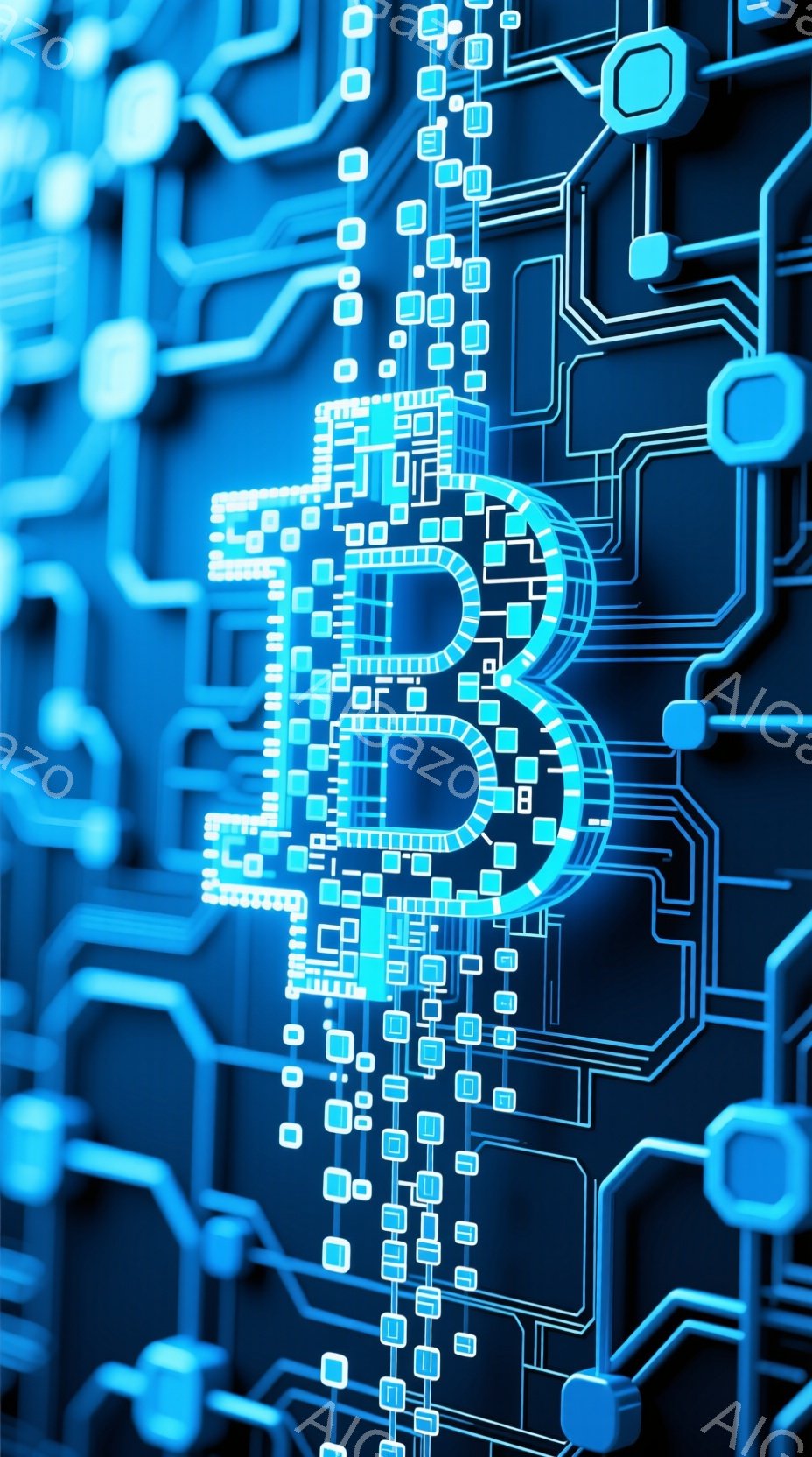 この画像は、複雑な電子回路のパターンが広がる背景を映し出しています。鮮やかな青色の線と正方形のチップが、まるで未来的な都市の回路図のように配置されています。全体的に、テクノロジー、接続性、そしてデジタル世界の抽象的な表現を感じさせます。