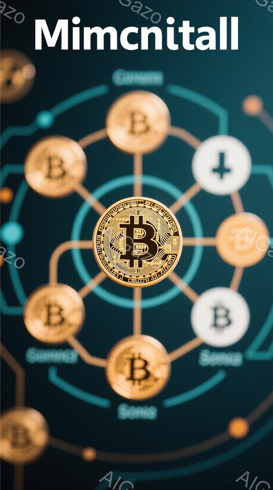 この画像は、暗い青色の背景にビットコインのアイコンが中心に配置され、周囲には金色と白の円形のアイコンが配置されています。アイコンは光の線で結ばれており、ネットワークまたは接続されたシステムを表しています。全体的な雰囲気はテクノロジー、金融、デジタル通貨に関連しており、モダンで未来的です。