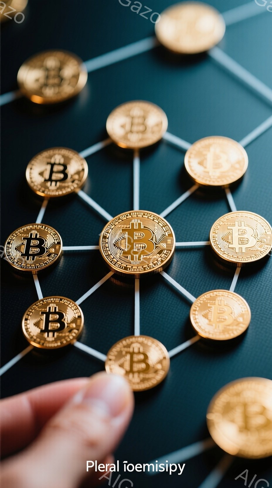 画像には、暗い背景に配置されたビットコインが網の目のように接続された様子が写っています。右手の指が下から1つのコインに触れており、焦点がコインと指先に合わされています。ビットコインの金色の輝きと背景のコントラストが強調され、暗号通貨とテクノロジーの雰囲気を醸し出しています。