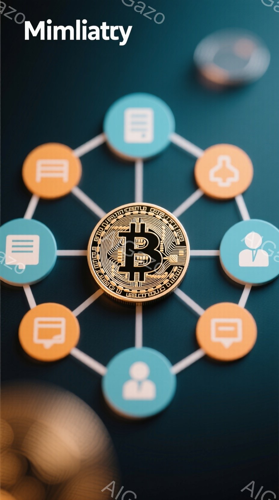 画像は、暗号通貨ビットコインのシンボルを中心に、様々なアイコンが配置されたものです。アイコンはチャットバブルや人物のシルエットで、ネットワークやコミュニケーションを連想させます。背景はぼやけており、指のようですものがビットコインのシンボルを囲んでいることから、暗号通貨の普及やデジタル経済との関連を示唆していると考えられます。