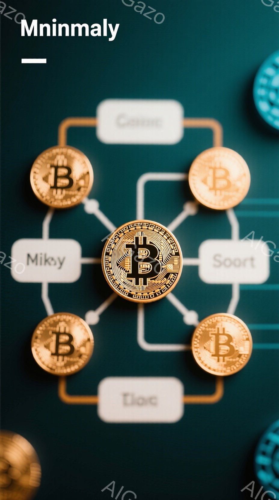 深緑色の背景に、ビットコインのマークが中央に配置され、周囲には「Miksy」「Soort」「Tdoc」「Conrt」と書かれた白い長方形のボックスが放射状に配置されています。ビットコインのマークと各ボックスは、白い線で結ばれており、全体としてネットワークのような構造を形成しています。ビットコインのマークとボックスの周囲には、金色のビットコインが配置されており、現代的な金融テクノロジーのイメージを想起させます。