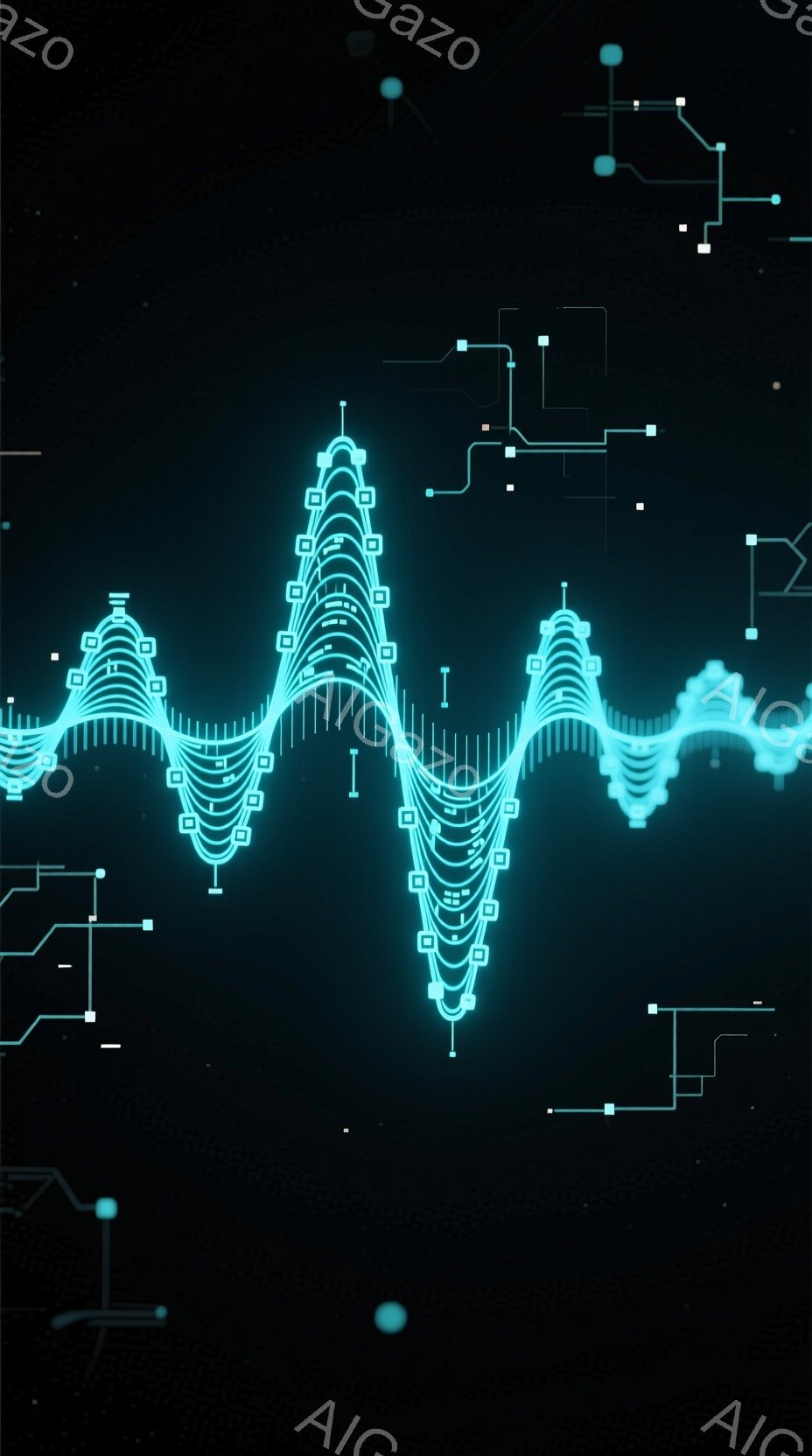 この画像は、暗い背景に青色の波形が描かれており、波形はまるで心電図のような規則的なパターンを描いています。波形を囲むように、小さな正方形と線で構成された回路のような模様が点在しており、未来的な印象を与えます。全体として、テクノロジーと生命の鼓動を表現したような、神秘的で美しい雰囲気です。