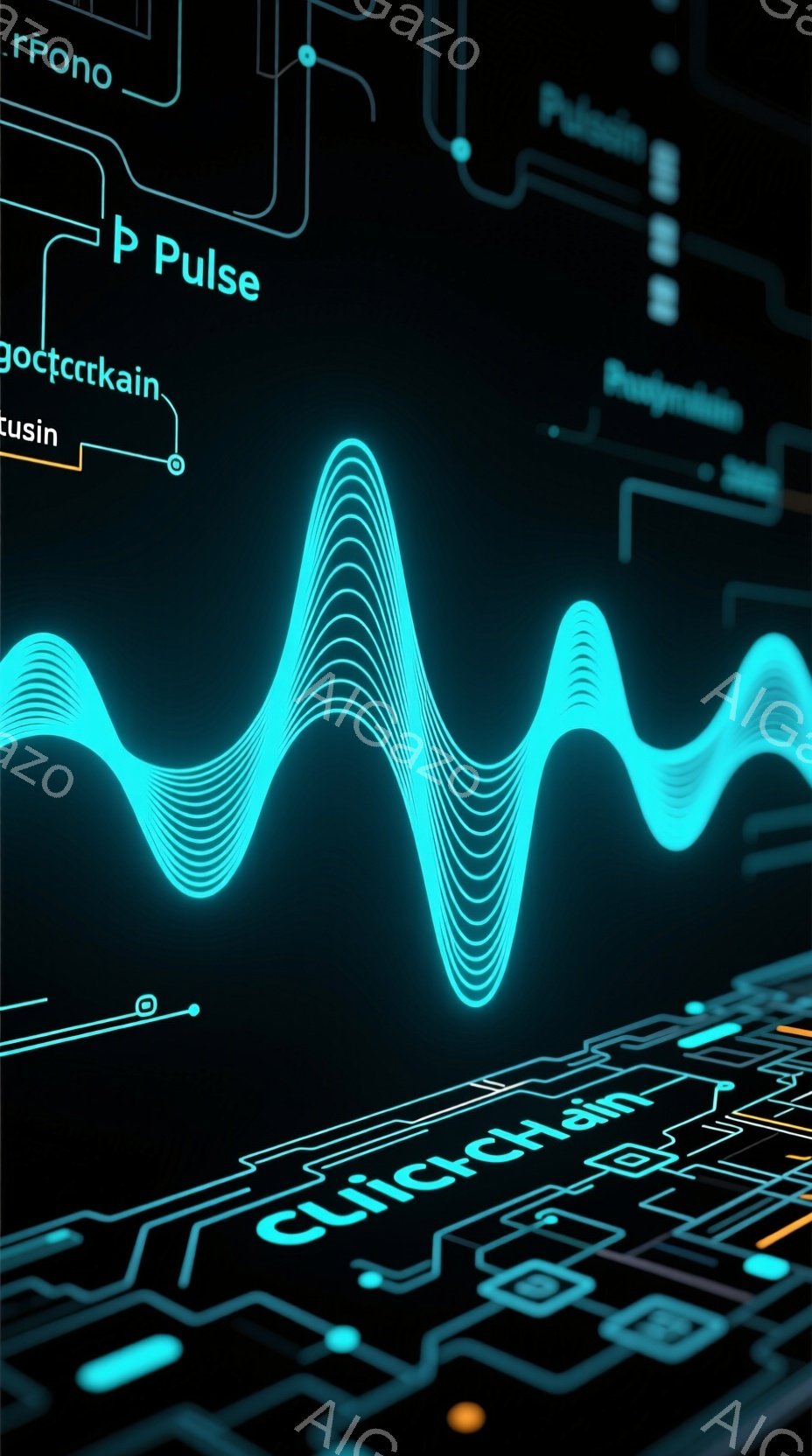 この画像は、暗い背景に鮮やかなターコイズブルーの波形が中心に描かれており、まるで心電図や音響信号の視覚化のようです。波形の周りには、白い線で描かれた複雑な回路図のようなパターンが広がっており、ハイテクで未来的な印象を与えます。全体的に、デジタル技術や生命現象を象徴するような、静かで抽象的な雰囲気です。