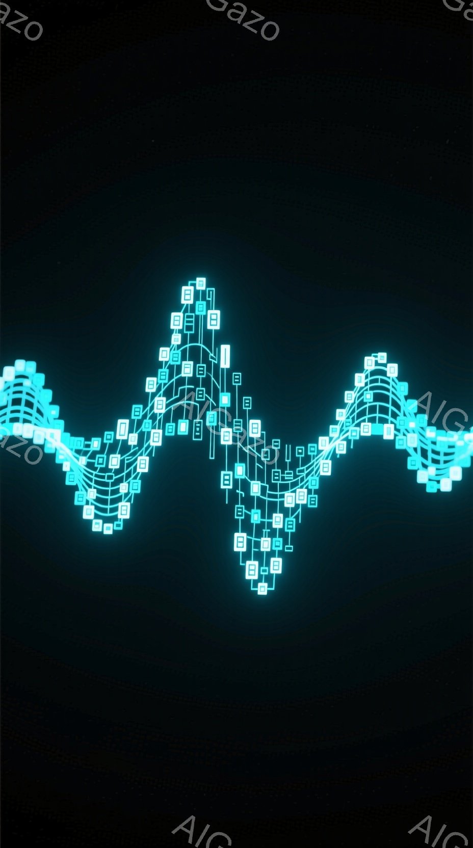 鮮やかな水色の光が、暗い背景に波のような形を描き出しています。その光は小さな四角いブロックが繋がって構成されており、まるで回路やネットワークのような印象を与えます。全体的に未来的な雰囲気で、エネルギーや情報の流れを視覚的に表現しているようです。