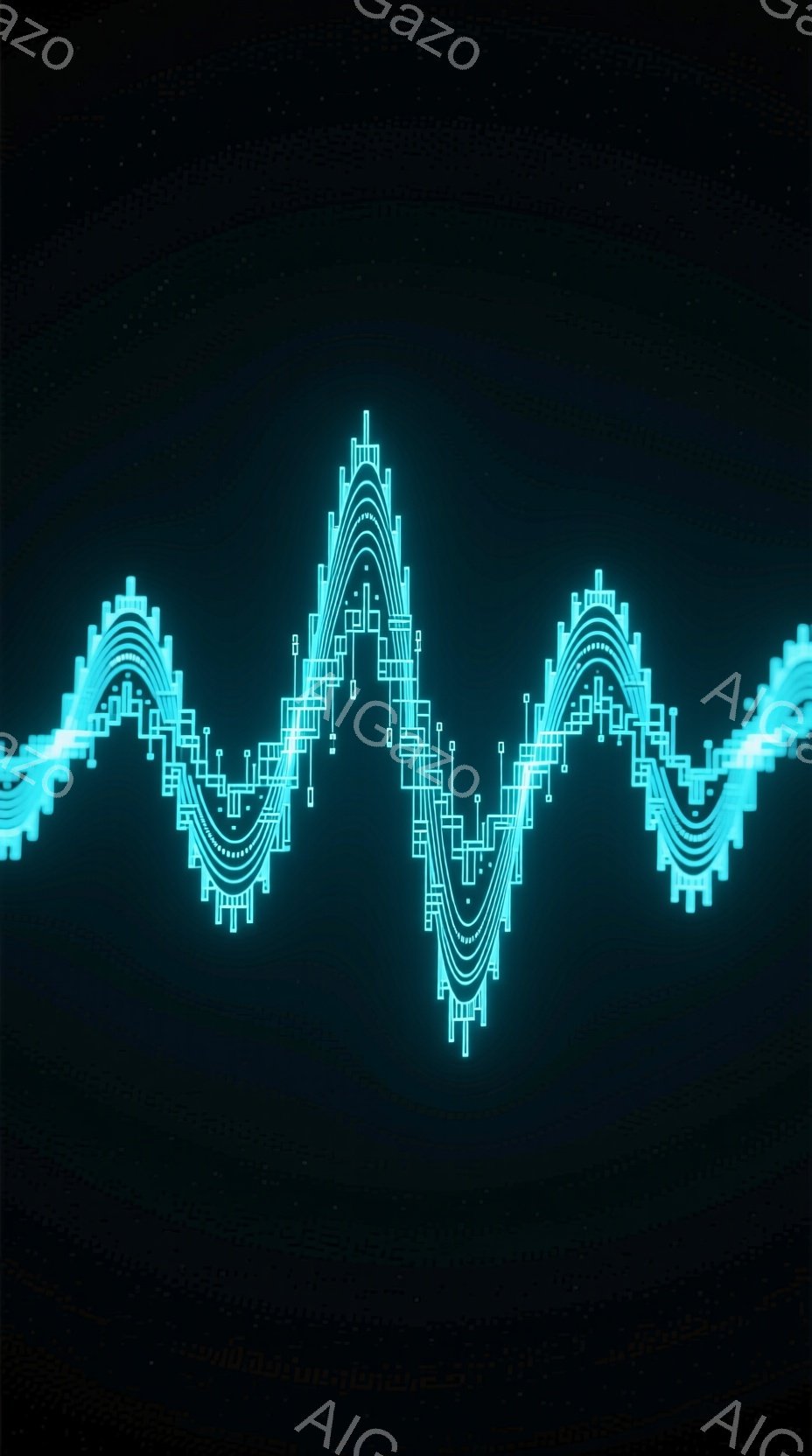 この画像は、深い青色の背景に、発光する青い線で構成された波形のような構造物を描いています。線は細かく複雑な回路のようなパターンで構成され、まるで電子的な心臓の鼓動や音響信号を視覚化したかのようです。全体として、未来的なテクノロジーと生命の躍動感を組み合わせた、神秘的で洗練された雰囲気を持っています。