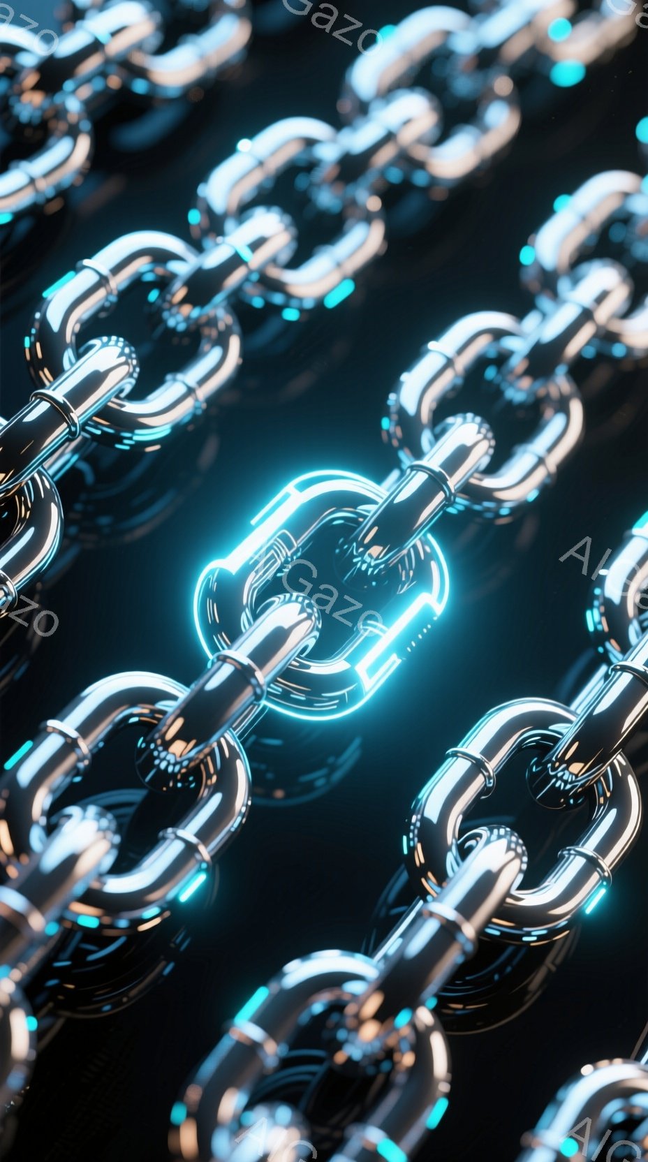 鮮やかなネオンブルーの発光する金属製のチェーンが、暗い背景に複雑に絡み合って広がっている。チェーンは光沢があり、現代的で未来的、そしてどこかサイバーパンクな雰囲気を醸し出している。背景は完全に暗く、チ - AI生成フリー素材