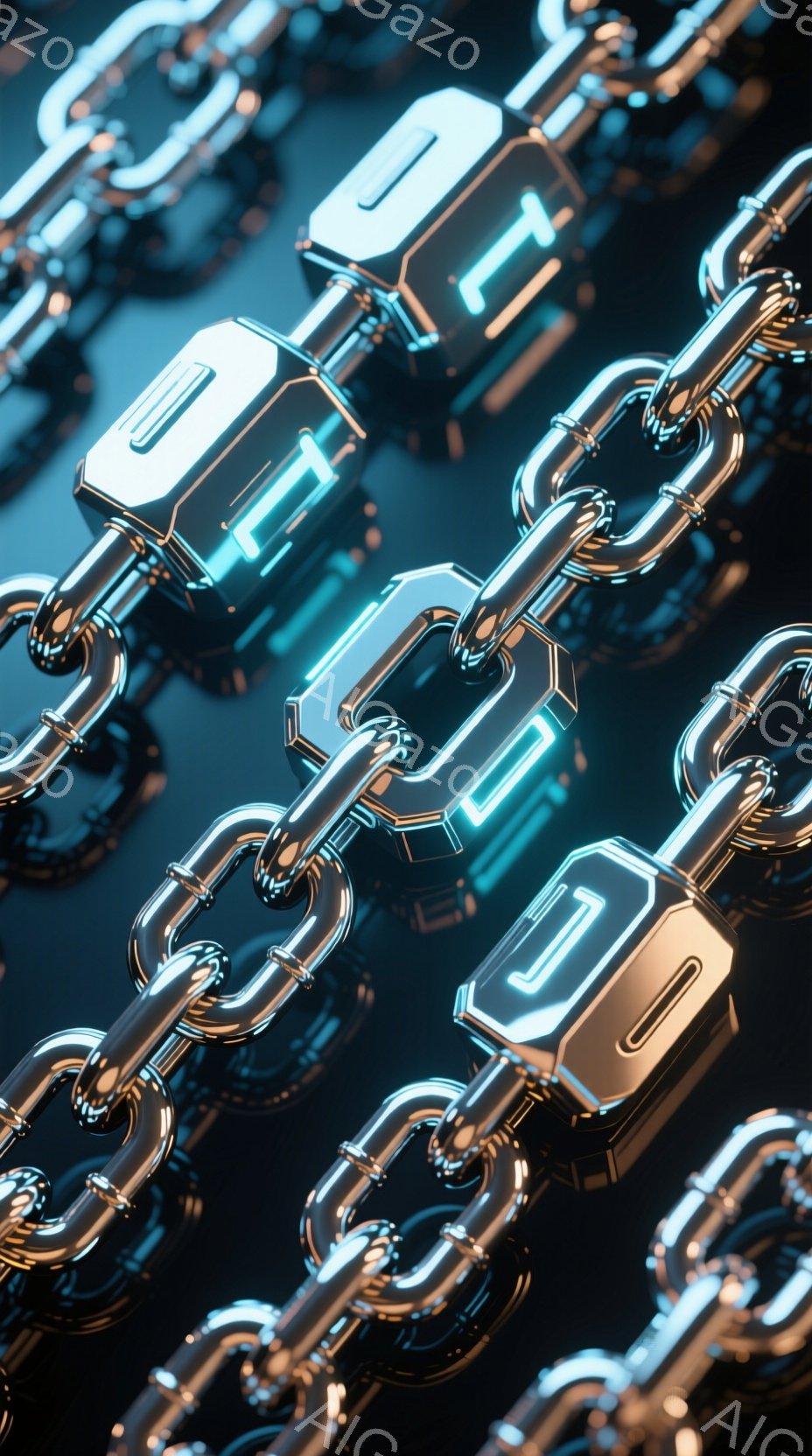 鮮やかなターコイズブルーの光を放つ金属製の南京錠が鎖のように連なり、暗い背景に浮かび上がっています。南京錠は磨き上げられたクロムのような質感で、未来的な印象を与えます。全体として、高セキュリティ、データ保護、またはデジタル世界の強固な防御といった概念を想起させる、洗練されたイメージです。