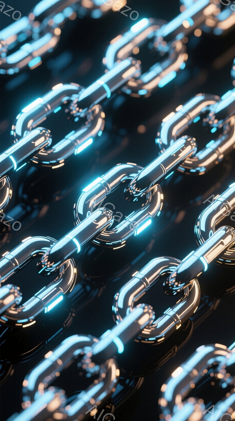 鮮やかなネオンブルーの光を放つ金属製のチェーンが、暗い背景を埋め尽くしています。チェーンは未来的なデザインで、内部に光るラインが走っており、SF映画のワンシーンを彷彿とさせます。全体的にクールでテクノ - AI生成フリー素材