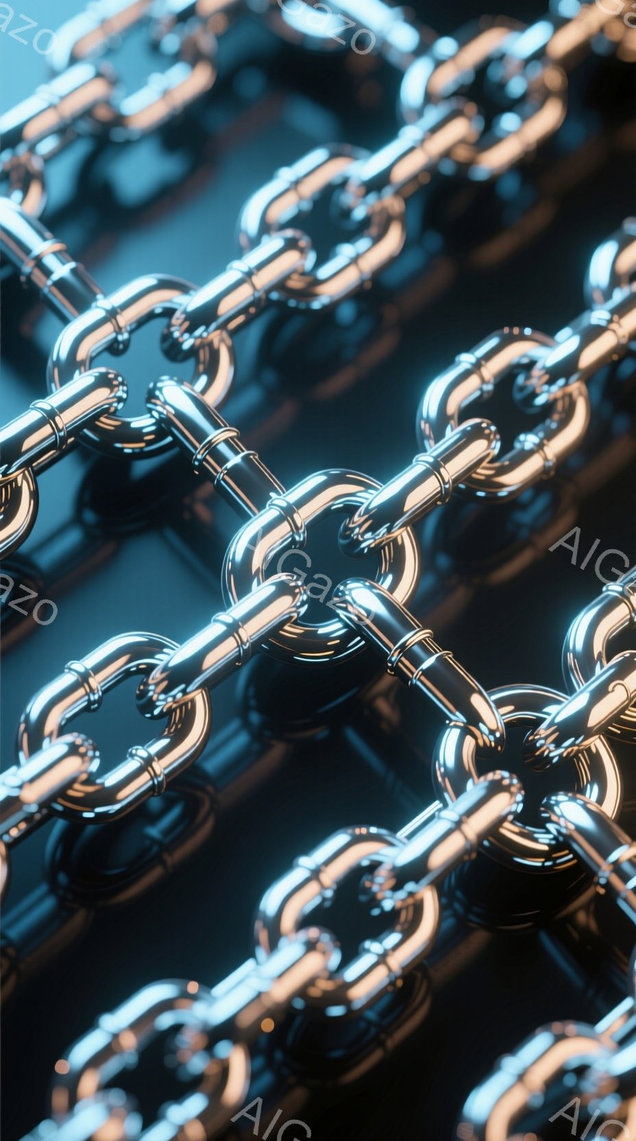 鮮やかな光沢のある金属製のチェーンが、暗い背景の上で複雑に絡み合っている様子が捉えられています。チェーンは均一に並んでおらず、その配置はランダムで、光の反射が強調され、立体感を際立たせています。全体的に、現代的で工業的な雰囲気があり、金属の冷たさと光の温かさのコントラストが印象的です。