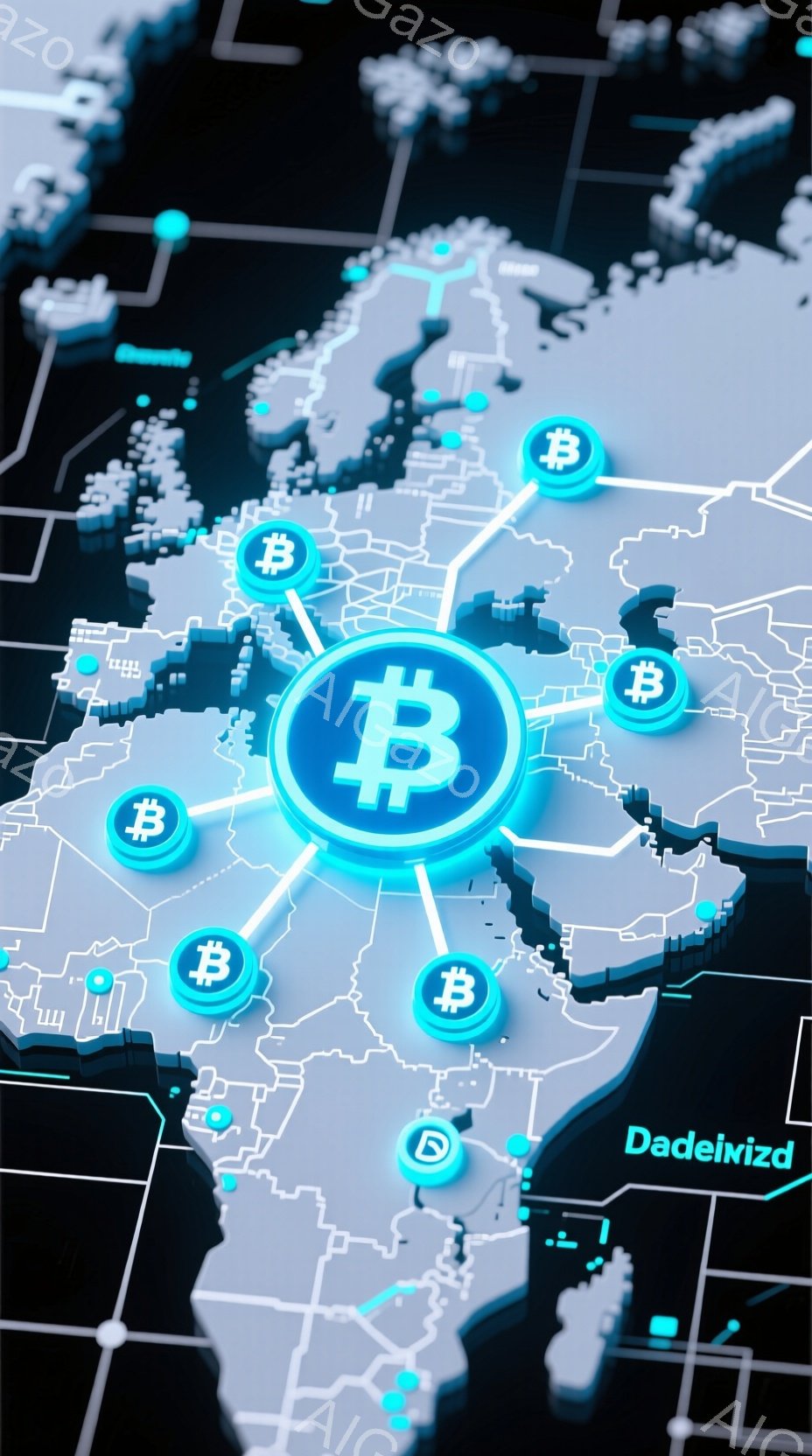 この画像は、青色の光を放つビットコインのアイコンが、世界地図上に配置されたポリゴンの上に浮かんでいる様子を描いています。地図は主に灰色の色調で、青色のアイコンが点在しており、現代的で技術的な雰囲気を醸し出しています。全体として、ビットコインとグローバルな接続性を強調した、未来的なイメージです。