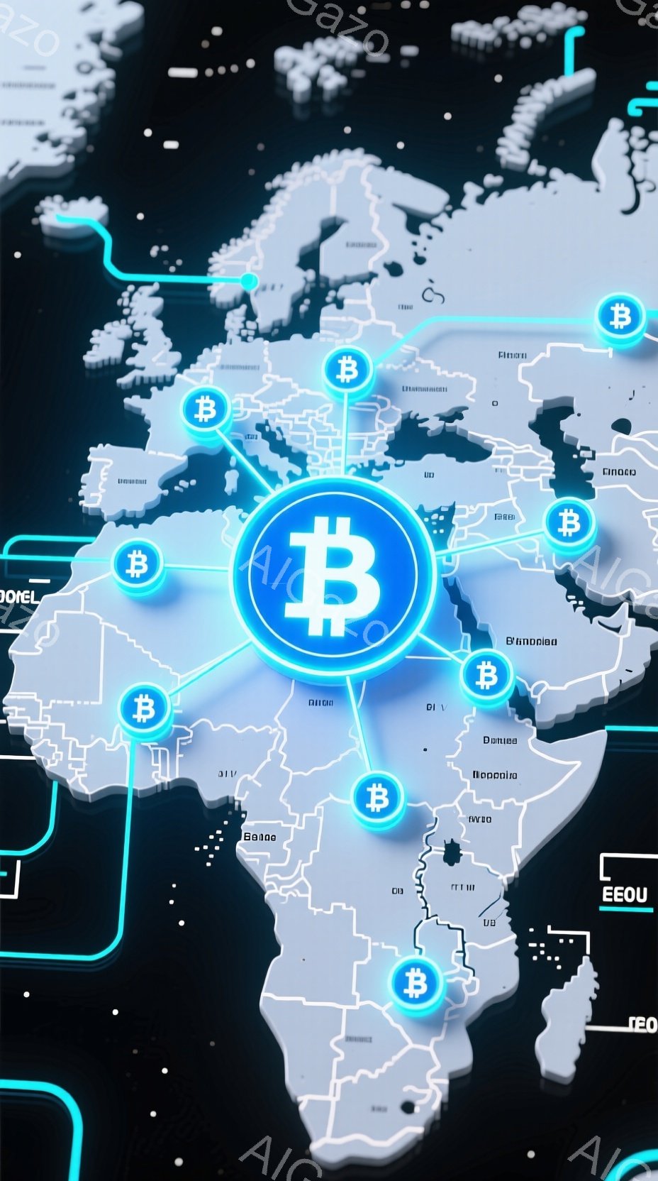 この画像は、暗い背景に世界地図が描かれ、様々な場所にビットコインのアイコンが配置されています。ビットコインのアイコンは明るい黄色で、地図の国々を強調しています。全体的に、暗号通貨とグローバルなつながりを象徴するような、未来的な雰囲気です。