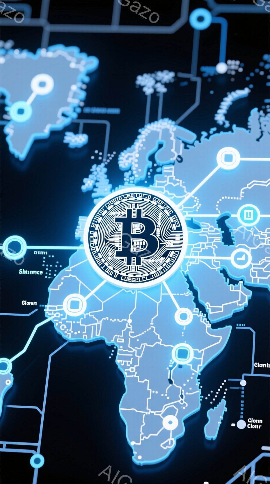 この画像は、世界地図を背景にしたビットコインのアイコンが中央に大きく配置されています。地図は白線で描かれ、青色の背景に浮かび上がり、様々な場所に小さな白い円が散りばめられています。全体的に未来的な雰囲気で、暗号通貨とグローバルな接続性を連想させるデザインです。
