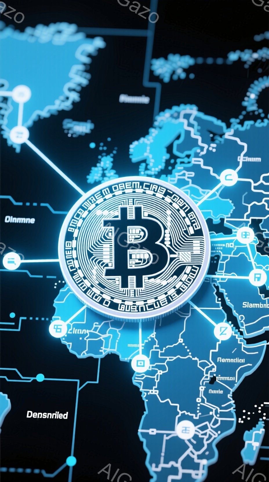 画像は暗い背景に、ビットコインの記号が大きく描かれています。世界の地図が回路図のように重ねて描かれており、世界的な金融ネットワークやデジタル通貨の普及を暗示しています。全体的に、テクノロジーとグローバル経済を組み合わせた未来的な雰囲気です。