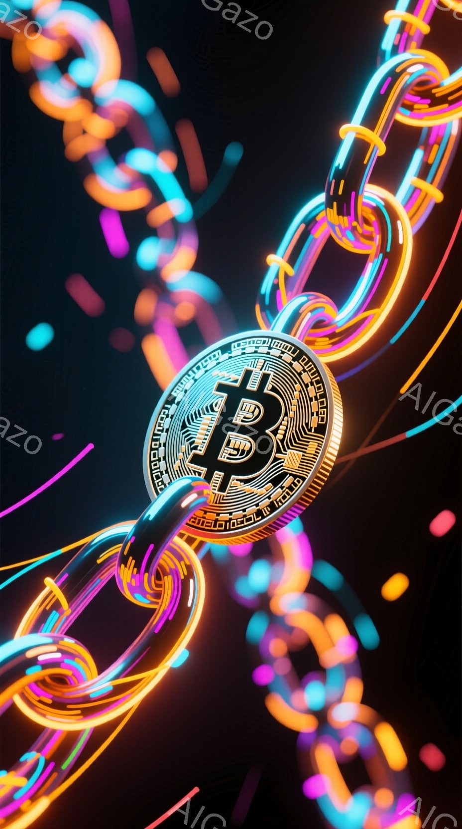 鮮やかなネオンカラーの線が渦を巻き、その中心にビットコインのアイコンが浮かび上がっている。ラインは明るいピンク、青、オレンジ色で、背景は暗い茶色で、未来的なデジタル空間を連想させる。全体として、暗号通 - AI生成フリー素材