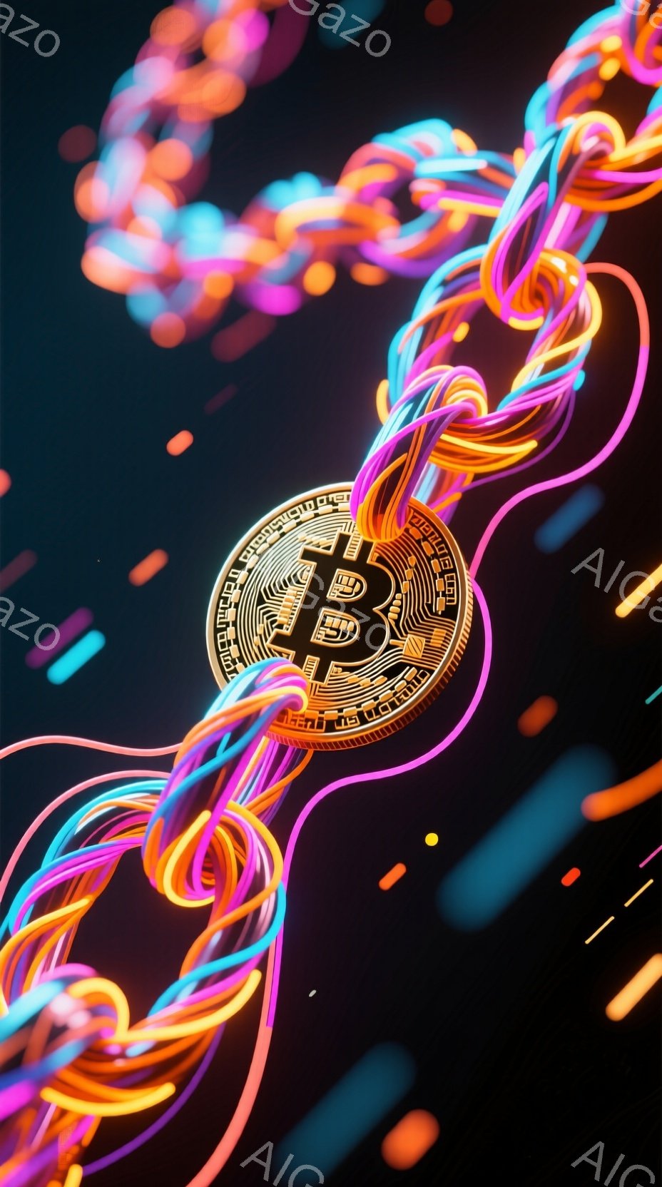 画像は、ビットコインのシンボルが中心に配置され、鮮やかな虹色の光の線が渦巻いて絡み合っている様子を描いています。背景は暗い茶色で、オレンジ色の光の粒子が散りばめられており、未来的なテクノロジーとエネル - AI生成フリー素材