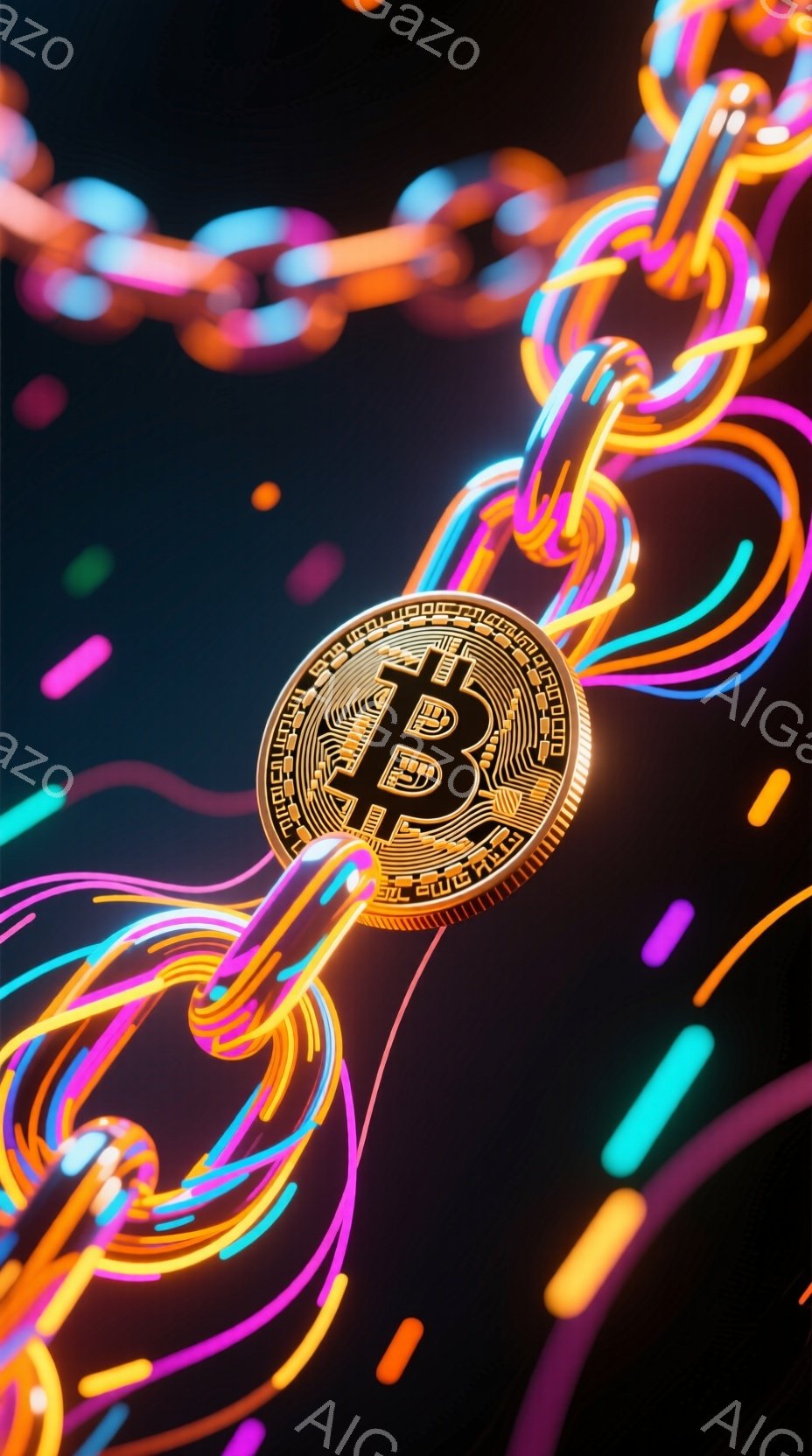 鮮やかなネオンカラーの線が絡み合い、ビットコインのロゴが中央に浮かび上がっている。背景は暗い赤色で、小さな光の粒子が散りばめられており、未来的なデジタル空間を表現している。 全体的にエネルギーに満ち溢 - AI生成フリー素材