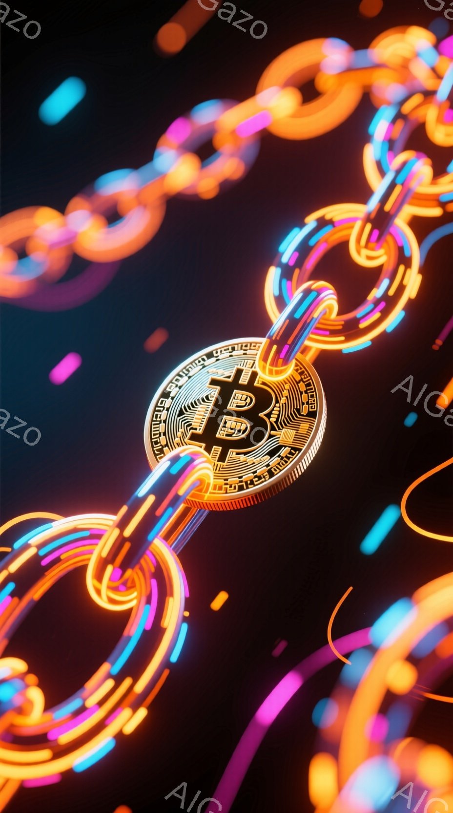 鮮やかなネオンカラーの線が渦巻く中で、ビットコインのロゴが中央に浮かび上がっています。線はループ状に絡み合い、まるでデジタルな鎖のようにビットコインを囲んでいます。背景は暗赤色で、未来的なテクノロジーと金融の世界を象徴する、躍動感あふれるイメージです。