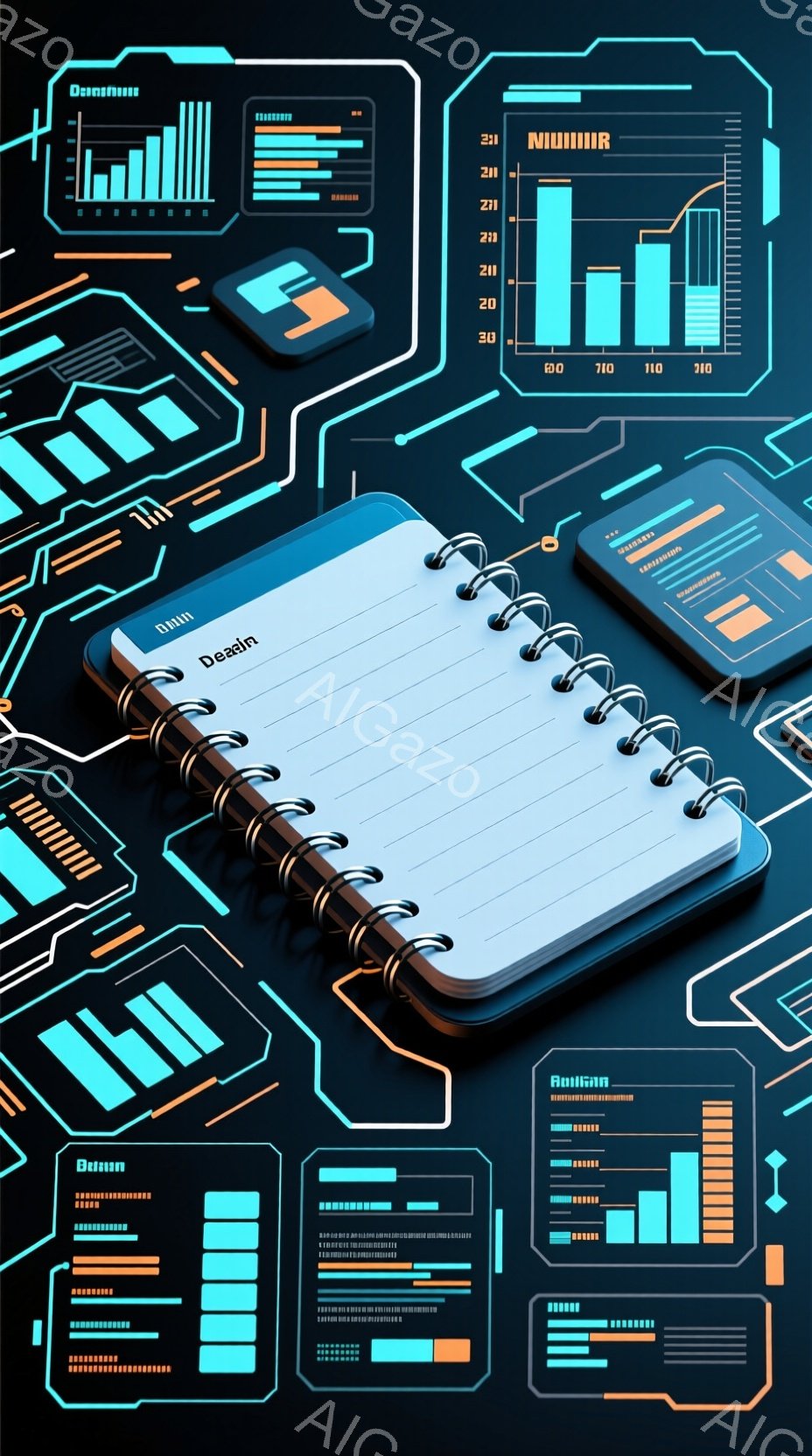 鮮やかなネオンブルーの回路が描かれた暗い背景に、開いたスパイラルノートとスマートフォンが配置されています。ノートは白く、ページは白紙で、スマートフォンの画面にはデータ分析のグラフが表示されています。全体的に、未来的なテクノロジーとアナログの記録媒体を組み合わせた、知的で創造的な雰囲気を醸し出しています。