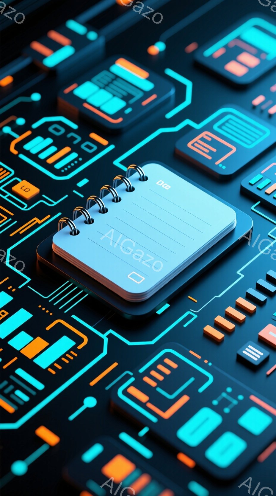 この画像は、複雑な回路基板の上に置かれた、小さなメモ帳を描写しています。メモ帳は白く、金属製のスパイラル綴じで、数枚の白いページが確認できます。背景の基板は、鮮やかなターコイズブルーとオレンジ色のラインで構成され、高度なテクノロジーと創造性の融合を表現しています。