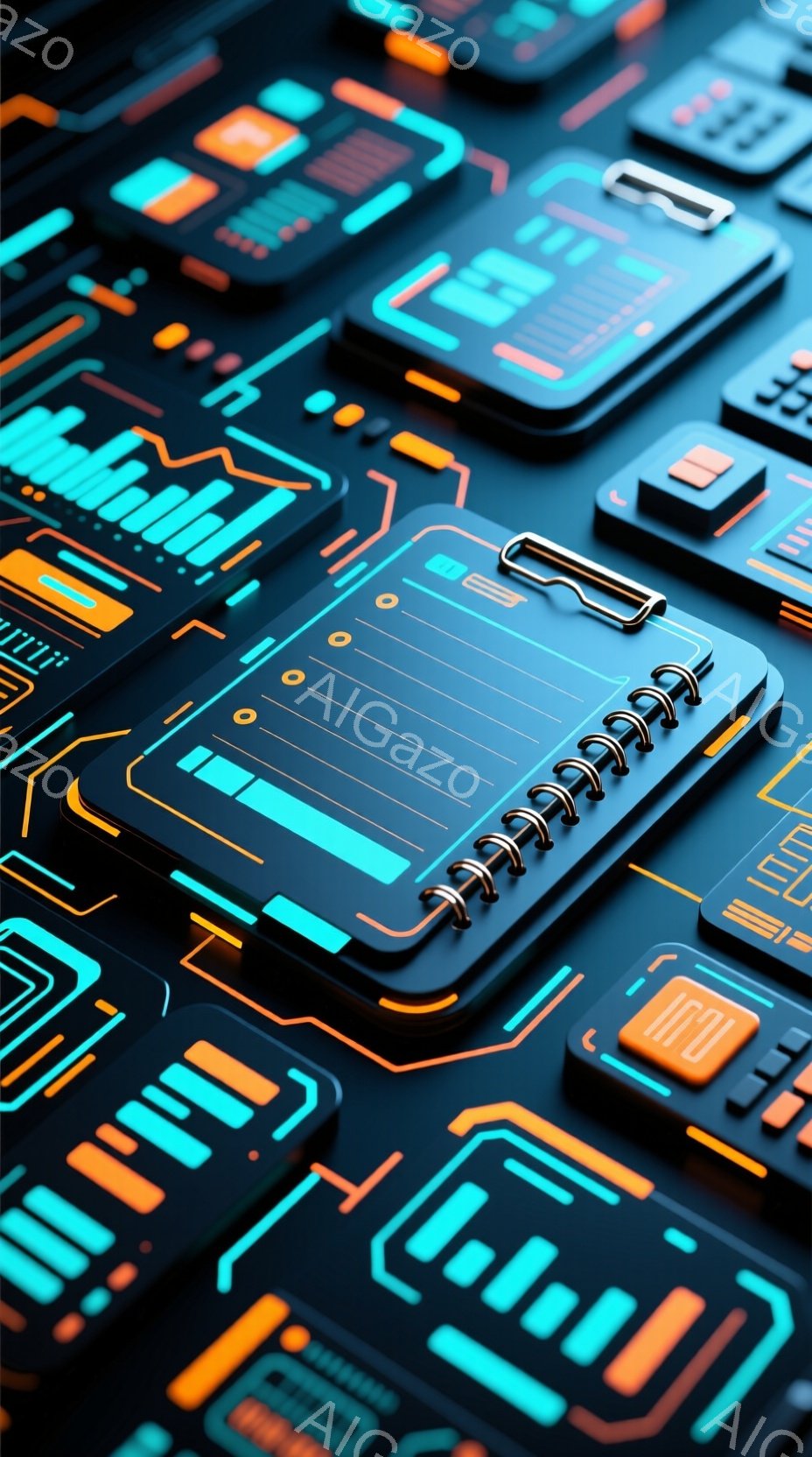 画像は、未来的な回路基板を連想させる、ネオンカラーのデジタルインターフェースのテクスチャです。青とオレンジの光が強調され、複雑なパターンが幾何学的に配置されています。全体的に、クールでテクノロジー感あ - AI生成フリー素材