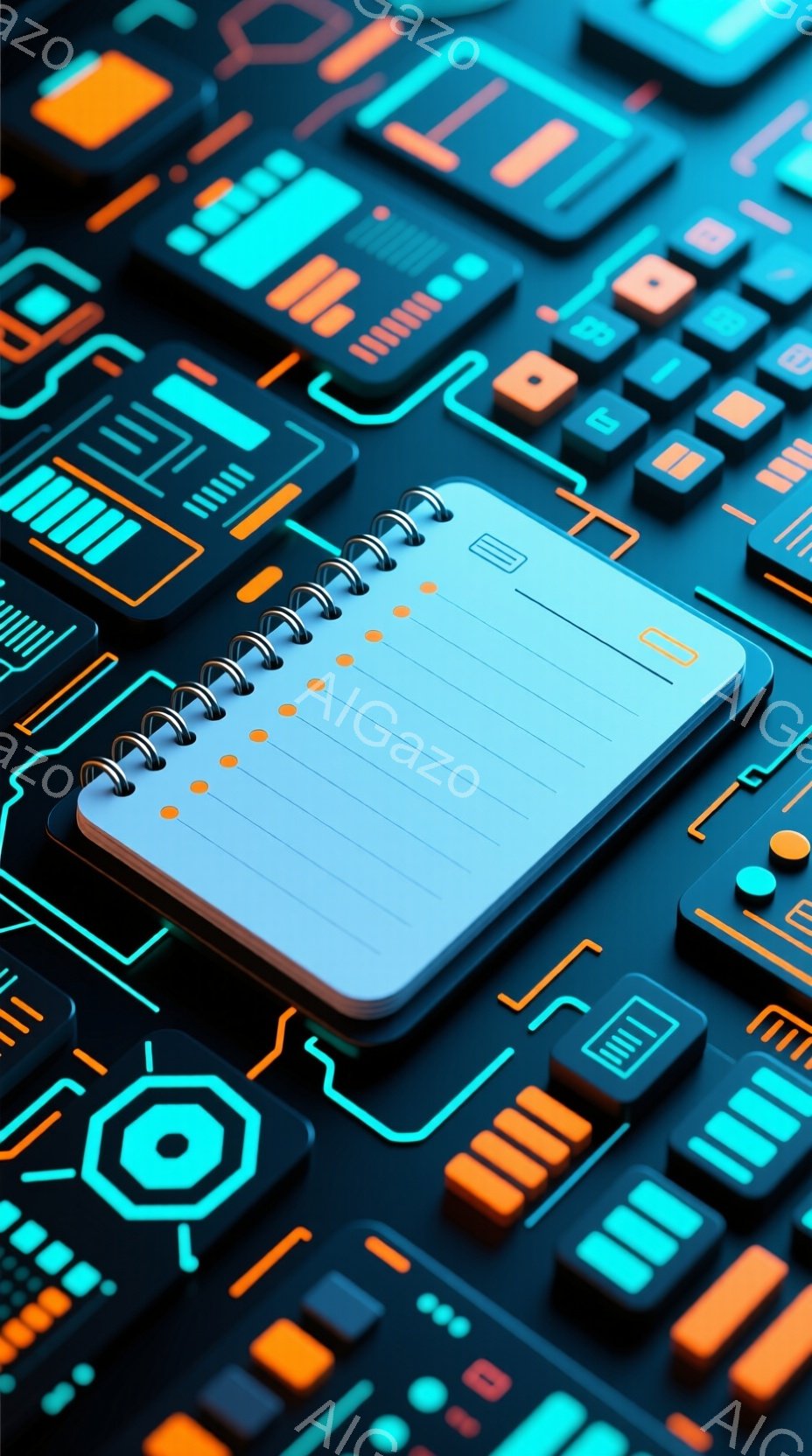 この画像は、暗い背景に配置された、複雑な電子回路を模したテクスチャの上に置かれた、白いノートが特徴です。鮮やかなオレンジと青色の照明が回路に沿って走っており、未来的な印象を与えます。ノートは開いており、罫線が引かれた白いページが露出し、アイデアやメモを書き込むためのスペースを提供しています。