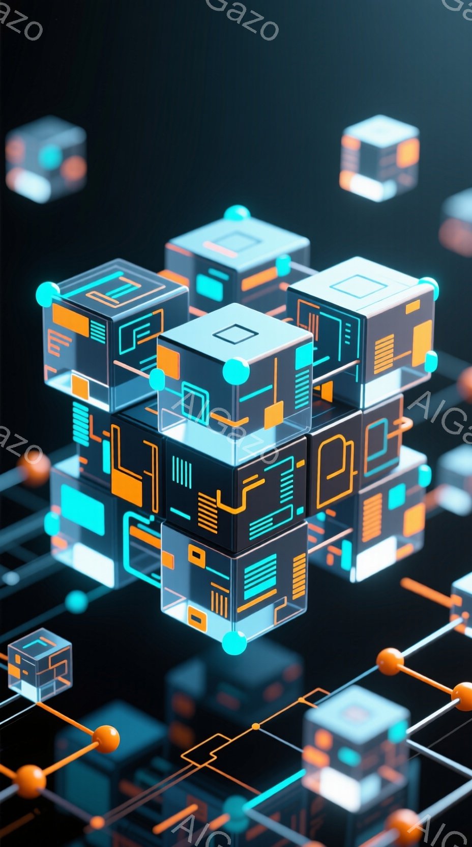 この画像は、複雑に接続された発光する立方体構造が特徴で、鮮やかなターコイズブルーとオレンジ色が支配的です。各立方体は未来的な回路パターンで装飾されており、まるでネットワーク化されたデジタルシステムの部 - AI生成フリー素材
