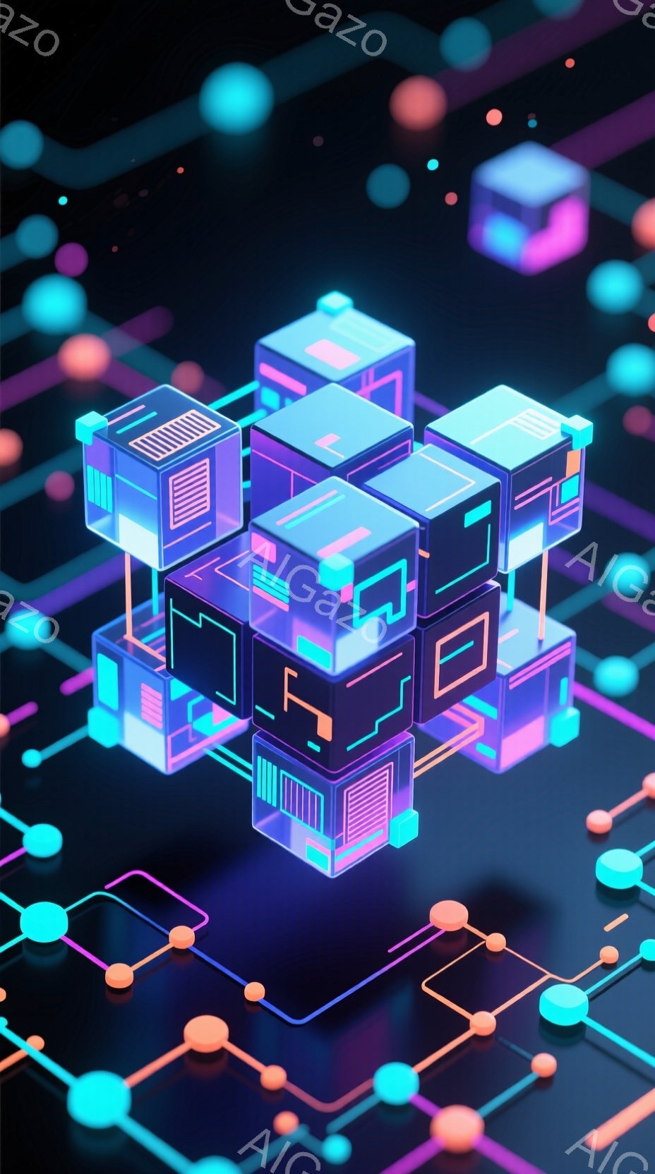 この画像は、ネオンカラーで光る立方体が積み重なって構成された、未来的な構造物を示しています。立方体は、回路のような線で接続され、背景にはさらに多くの点と線が散りばめられて、サイバーパンクな雰囲気を作り - AI生成フリー素材