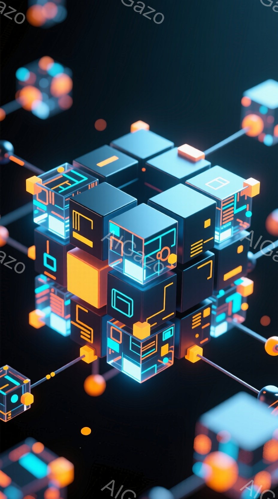 この画像は、ネオンライトで照らされた、未来的なキューブ構造物の集合体を描いています。鮮やかなオレンジと青の光が、複雑な幾何学模様を浮かび上がらせ、暗い背景に浮かび上がっています。全体的に、テクノロジー - AI生成フリー素材