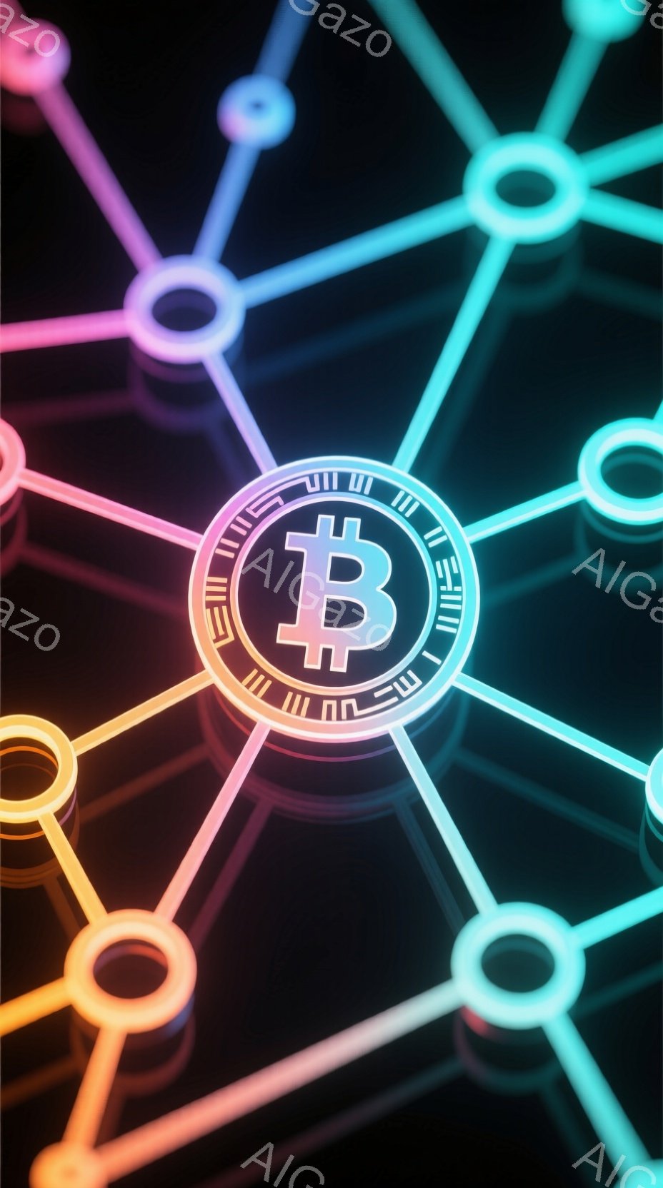 暗い背景に、ビットコインのシンボルが中央に大きく配置されています。シンボルは複数の光る円で接続されたネットワークの一部であり、その線は明るい青、ピンク、オレンジ色で描かれています。全体として、技術的で - AI生成フリー素材