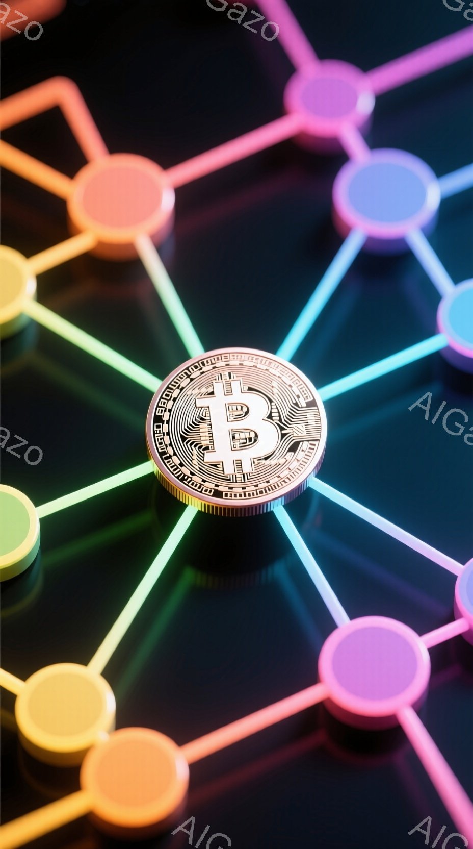 画面には、暗い背景に輝くビットコインが配置され、放射状に広がるカラフルな光の線で囲まれています。光の線は、様々な色合いの小さな球体で構成され、ビットコインを中心にネットワークを形成しているように見えま - AI生成フリー素材