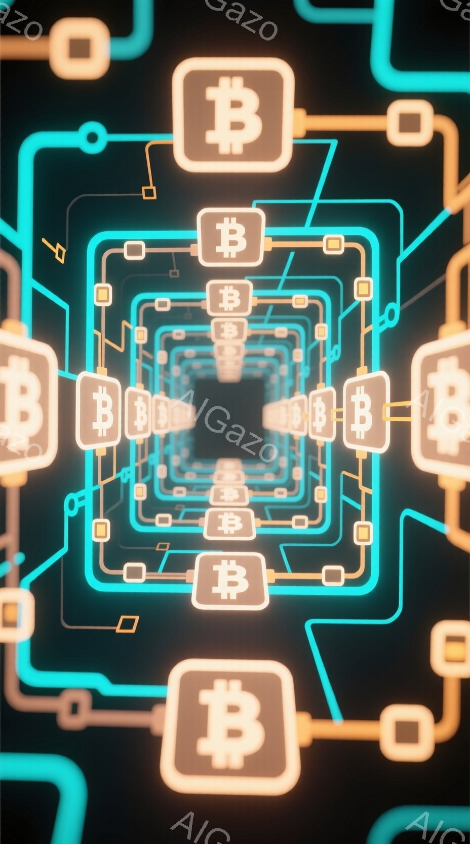 この画像は、暗い背景に沿って延びる、光るネオンのような線で構成された無限のトンネルを描いています。線は四角形や円形の要素で構成され、その中にはビットコインのシンボルが散りばめられています。全体として、未来的なテクノロジーと暗号通貨のデジタルな世界観を表現した、サイバーパンク的な雰囲気の画像です。
