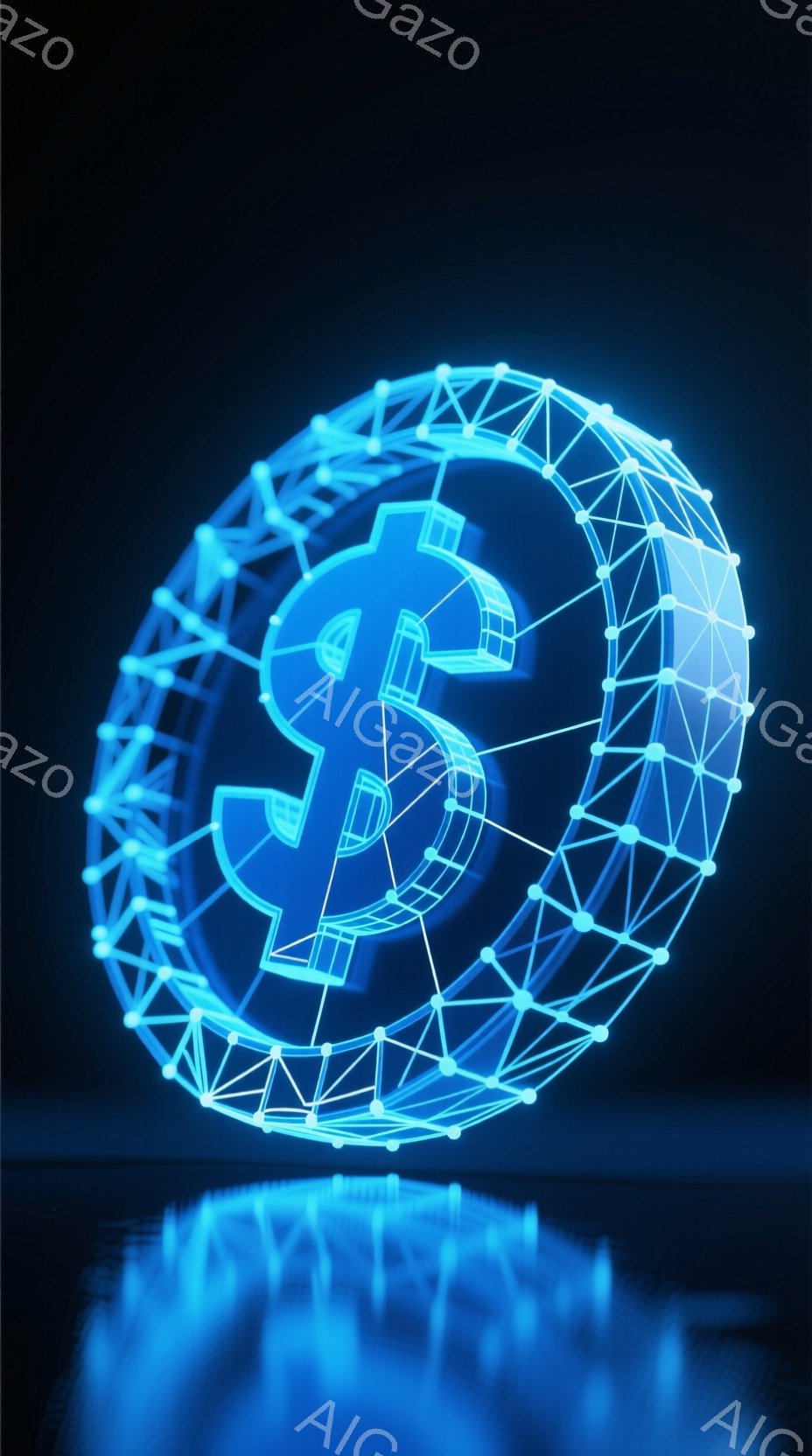 この画像は、青い光る線で構成された球体の中に、アメリカドルの記号「$」が配置されたものです。球体は、複雑なネットワーク状の線で覆われ、未来的な印象を与えます。球体は光る台の上に置かれており、全体としてテクノロジーと金融を組み合わせた、洗練された雰囲気です。