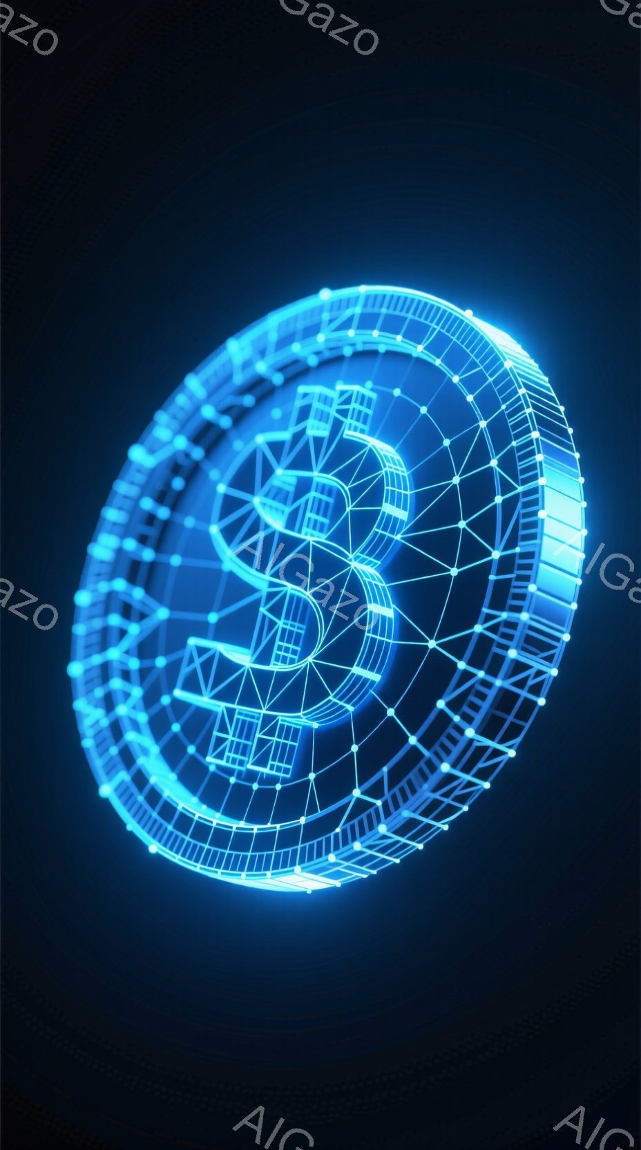 この画像は、青色の光る線で構成された球体で、複雑なネットワーク状のパターンが描かれています。球体の中央には、何らかの記号またはロゴが配置されており、未来的なテクノロジーやデータ、仮想空間を連想させるデザインです。暗い背景とのコントラストが強く、鮮やかな光が目を引きます。