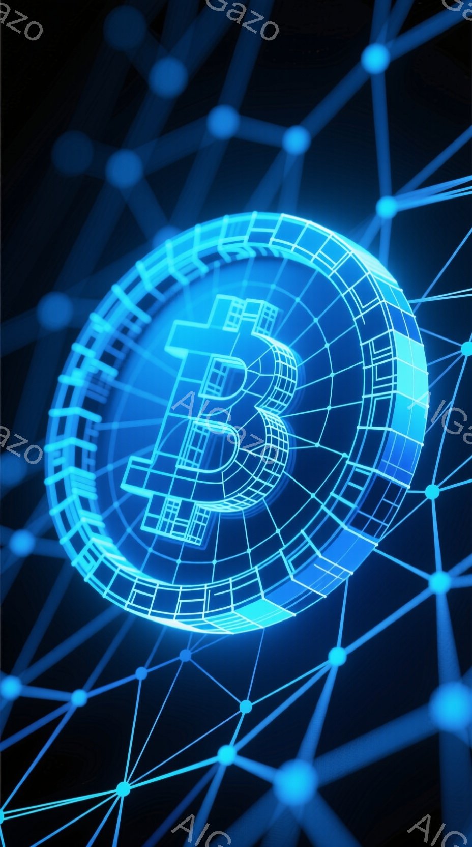この画像は、暗い背景に青い光るビットコインのシンボルが、ワイヤーフレームの球体として表現されています。球体は複雑な幾何学的な線で構成され、未来的な印象を与えます。背景には、球体と接続された青い光点と線が網の目のように広がり、ネットワーク化されたイメージを強調しています。