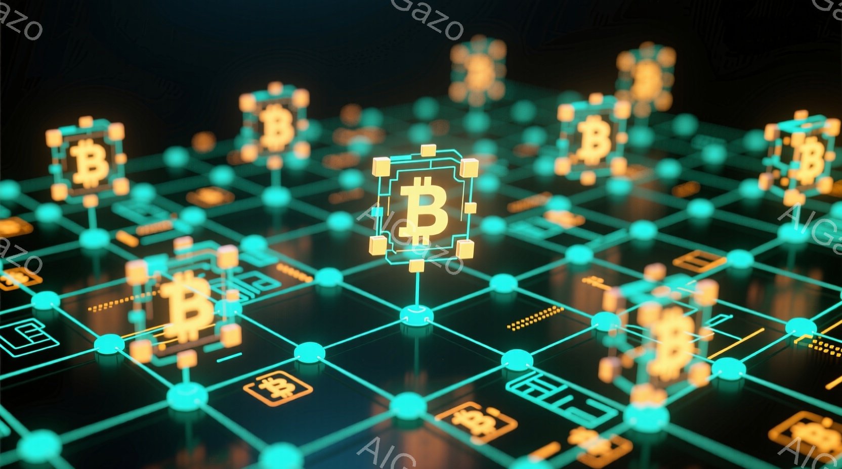 暗い背景に、ビットコインのシンボルが線で結ばれたネットワークが広がっています。それぞれのビットコインのアイコンは鮮やかなオレンジ色で発光し、ターコイズブルーの線で構成されたグリッド状の構造に配置されています。全体的に、未来的なテクノロジーとデジタル通貨のつながりを表現した、洗練された印象を与える画像です。