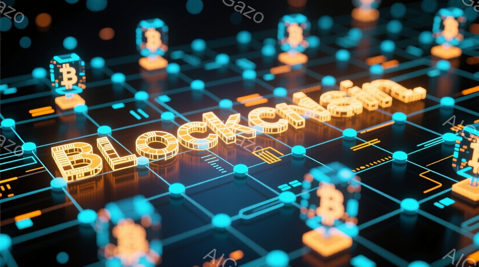 鮮やかなネオンカラーのブロックチェーンという文字が、未来的なグリッド状の背景に浮かび上がっています。文字はオレンジ色で、その周囲には青い光の粒子が散りばめられ、サイバーパンクのような印象を与えます。全体的に、テクノロジー、暗号通貨、そして分散型ネットワークを象徴するような、モダンで洗練された雰囲気が漂っています。