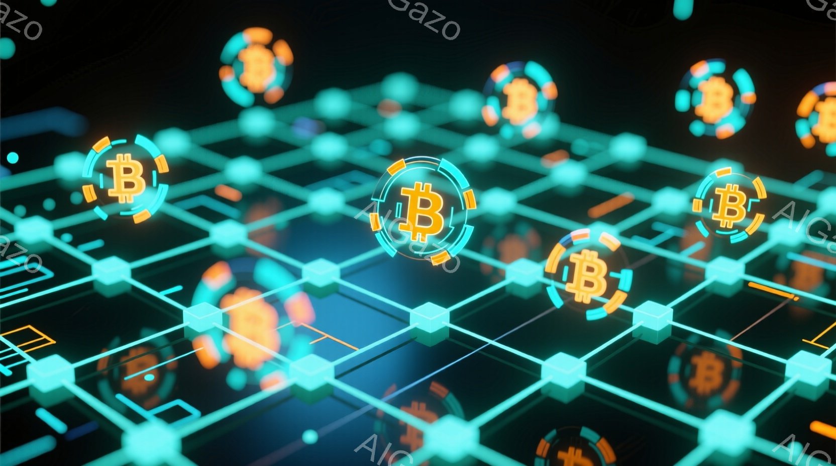 鮮やかなネオンブルーのグリッドが広がり、その交差点にオレンジ色のビットコインのアイコンが配置されています。グリッドは未来的な回路のようであり、暗い背景に浮かび上がっています。全体的に、技術革新と暗号通 - AI生成フリー素材