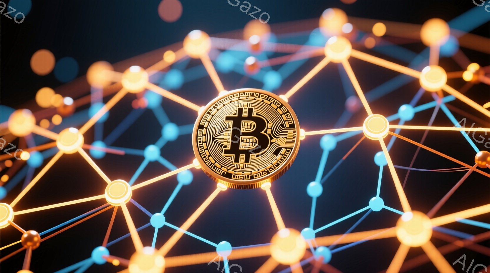 この画像は、暗い背景の上に配置されたビットコインのシンボルを中心に、金色の線で接続された光る球体のネットワークが広がっている様子を描いています。ビットコインのシンボルは立体的に表現され、光沢があり、ネ - AI生成フリー素材