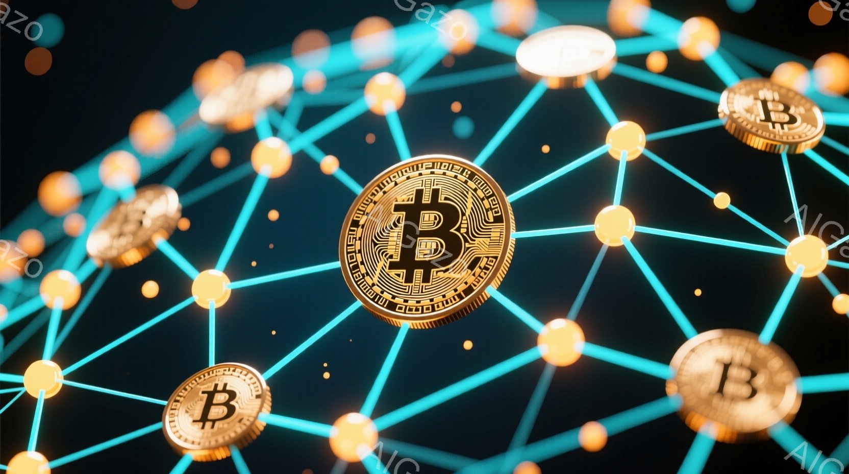この画像は、暗い背景に浮かぶビットコインのアイコンと、それらを繋ぐ青い光の線で構成されたネットワークを示しています。ビットコインは金色で輝き、まるで浮遊しているかのように見えます。全体的に、ブロックチ - AI生成フリー素材