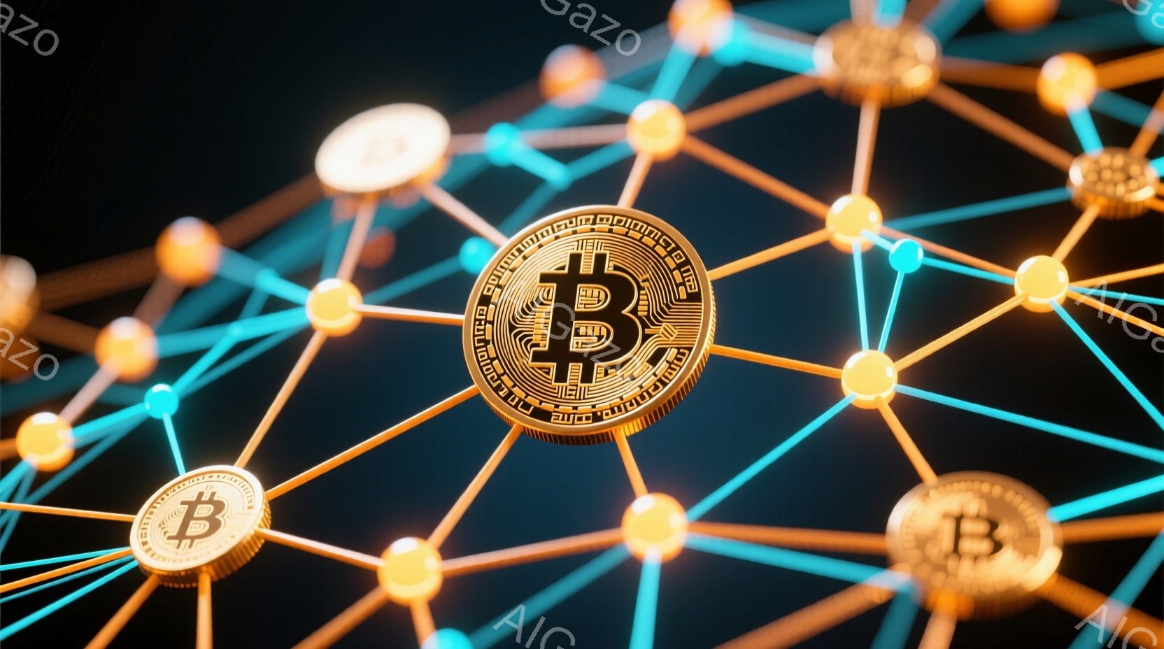 鮮やかな黒色の背景に、ビットコインのロゴが中央に大きく配置され、周囲には金色のコインと青色の光の線で結ばれたネットワークが広がっています。コインと線は複雑に絡み合い、デジタル通貨の接続性と分散型ネットワークを象徴しています。全体的に、未来的なテクノロジーと金融のテーマを表現した、鮮やかでダイナミックなイメージです。