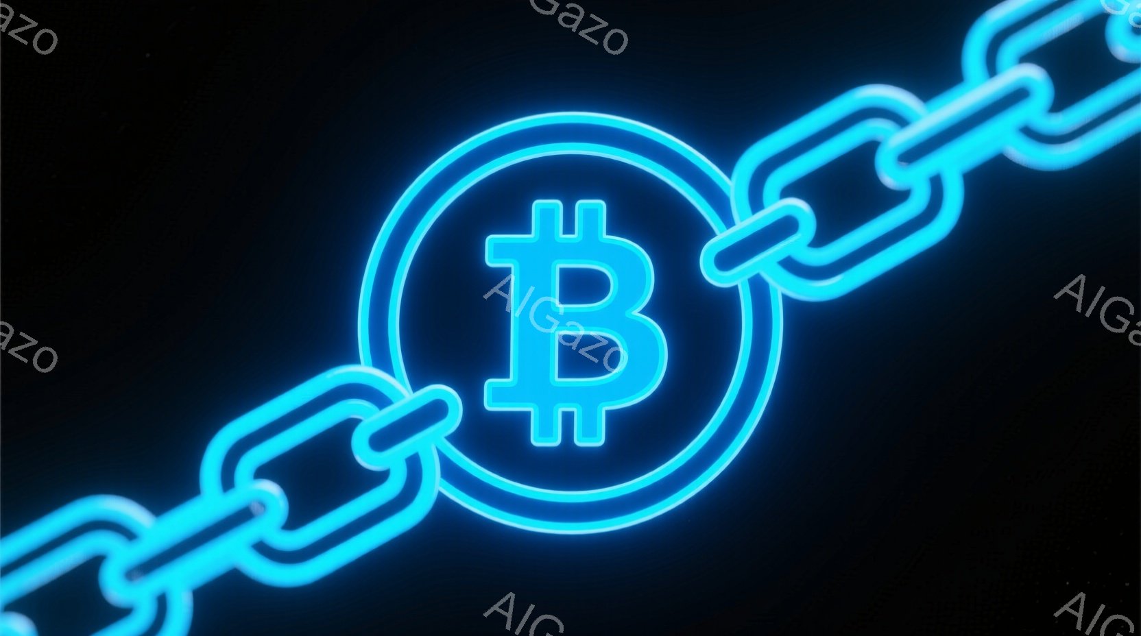 鮮やかな青色のネオンライトで構成されたビットコインのチェーンが描かれています。各リンクは円形で、中央にはビットコインのシンボルが配置されています。背景は暗く、星のような微細な光点が散りばめられており、 - AI生成フリー素材
