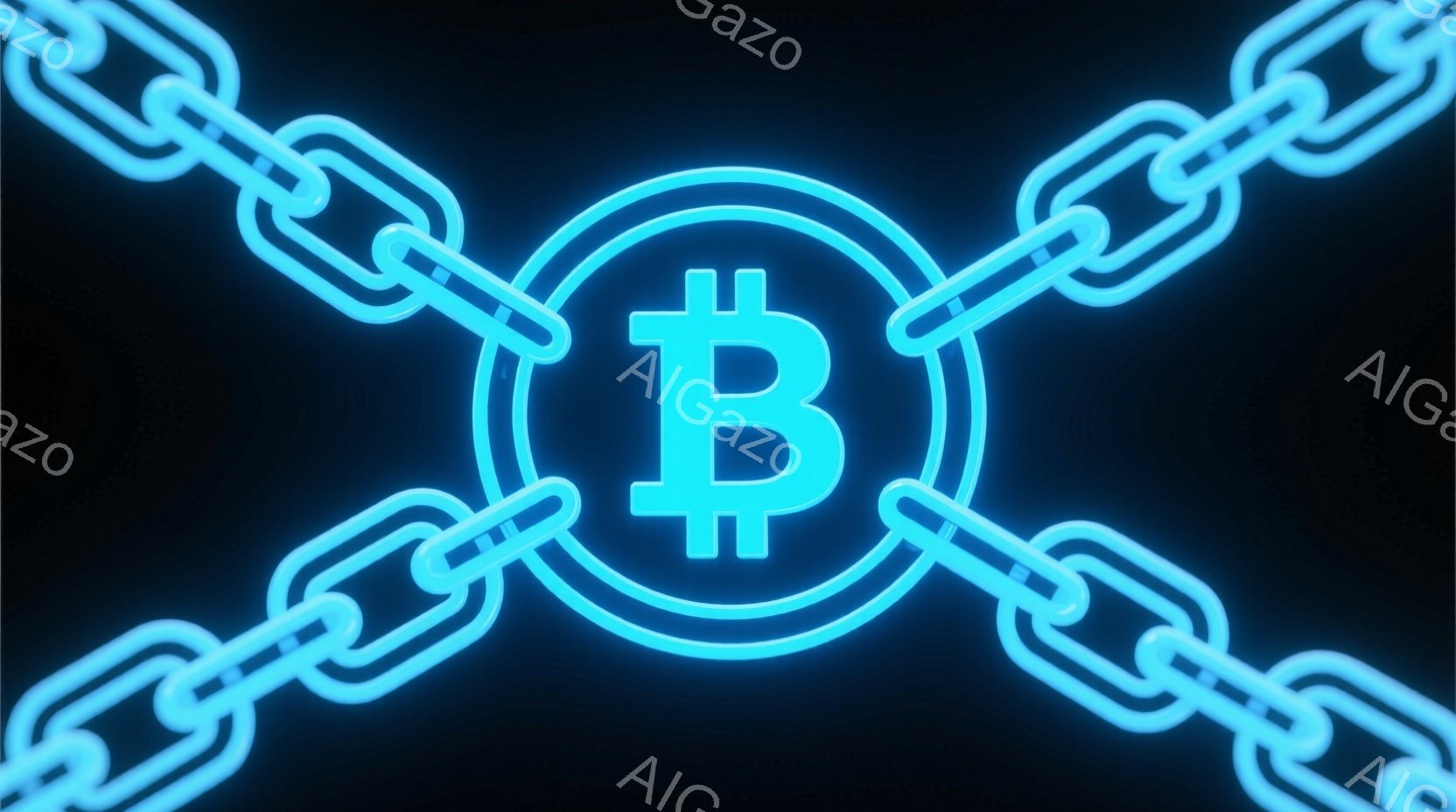 鮮やかな水色のブロックチェーンが画面全体を覆っており、中心にはビットコインの記号が光っています。チェーンのリンクはネオンライトのように輝き、暗い背景に際立っています。全体的に、暗号資産のセキュリティと相互接続性を象徴するような、近未来的でテクノロジー感のある雰囲気が漂っています。