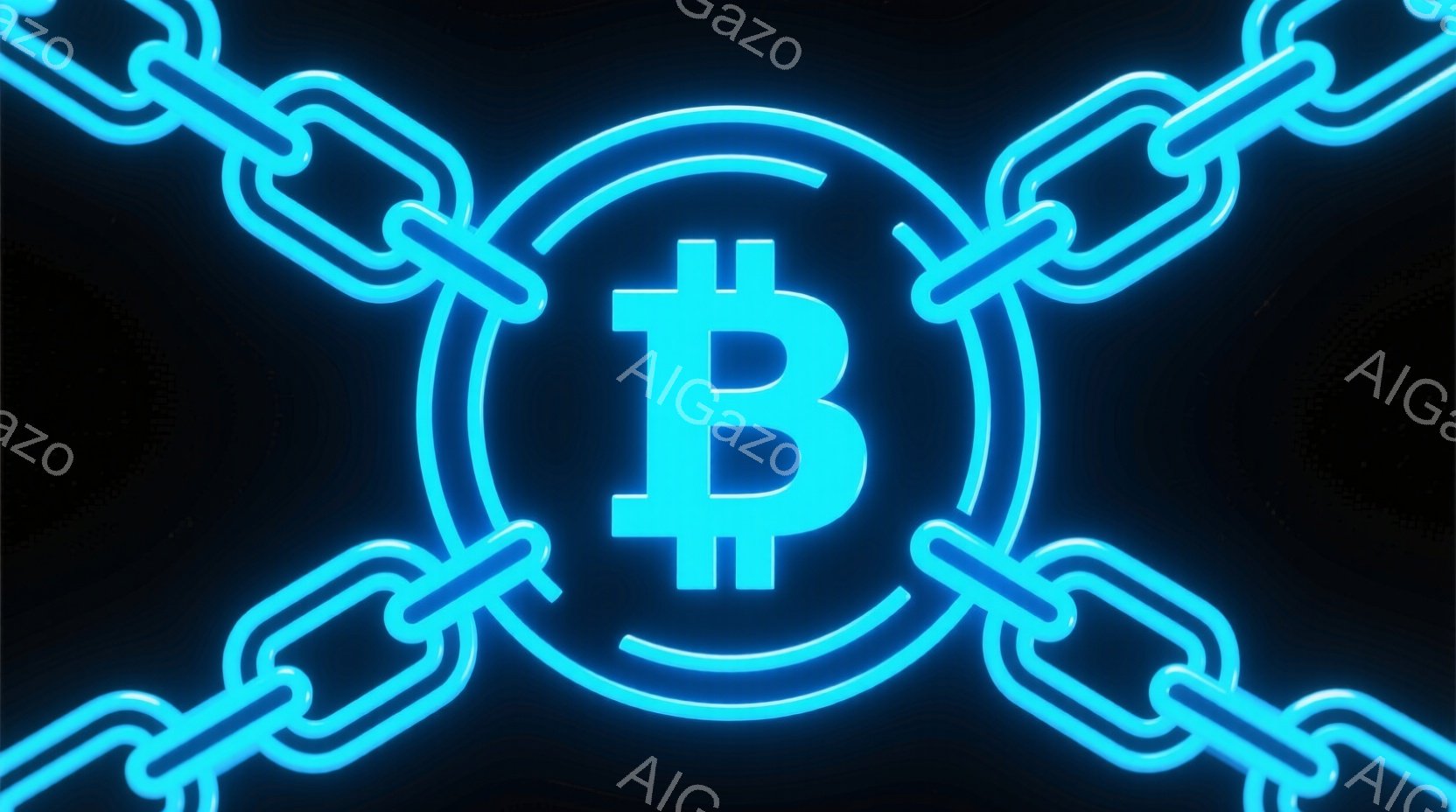 鮮やかなネオンブルーのビットコイン記号が、円形に配置されたチェーンに囲まれています。背景は暗く、磨かれた金属のような質感で、ビットコイン記号とチェーンが発光しているように見えます。全体的に、暗号通貨、 - AI生成フリー素材