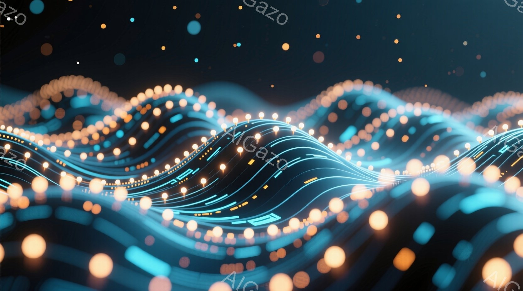 鮮やかな青色の線が波のようにうねり、無数の光る粒子が星空のように背景に散りばめられています。線は回路基板のようなパターンを持ち、未来的なテクノロジーを想起させる光景です。全体的に、流動的で神秘的な雰囲気があり、デジタル空間やネットワークの視覚化を表現しているかのようです。