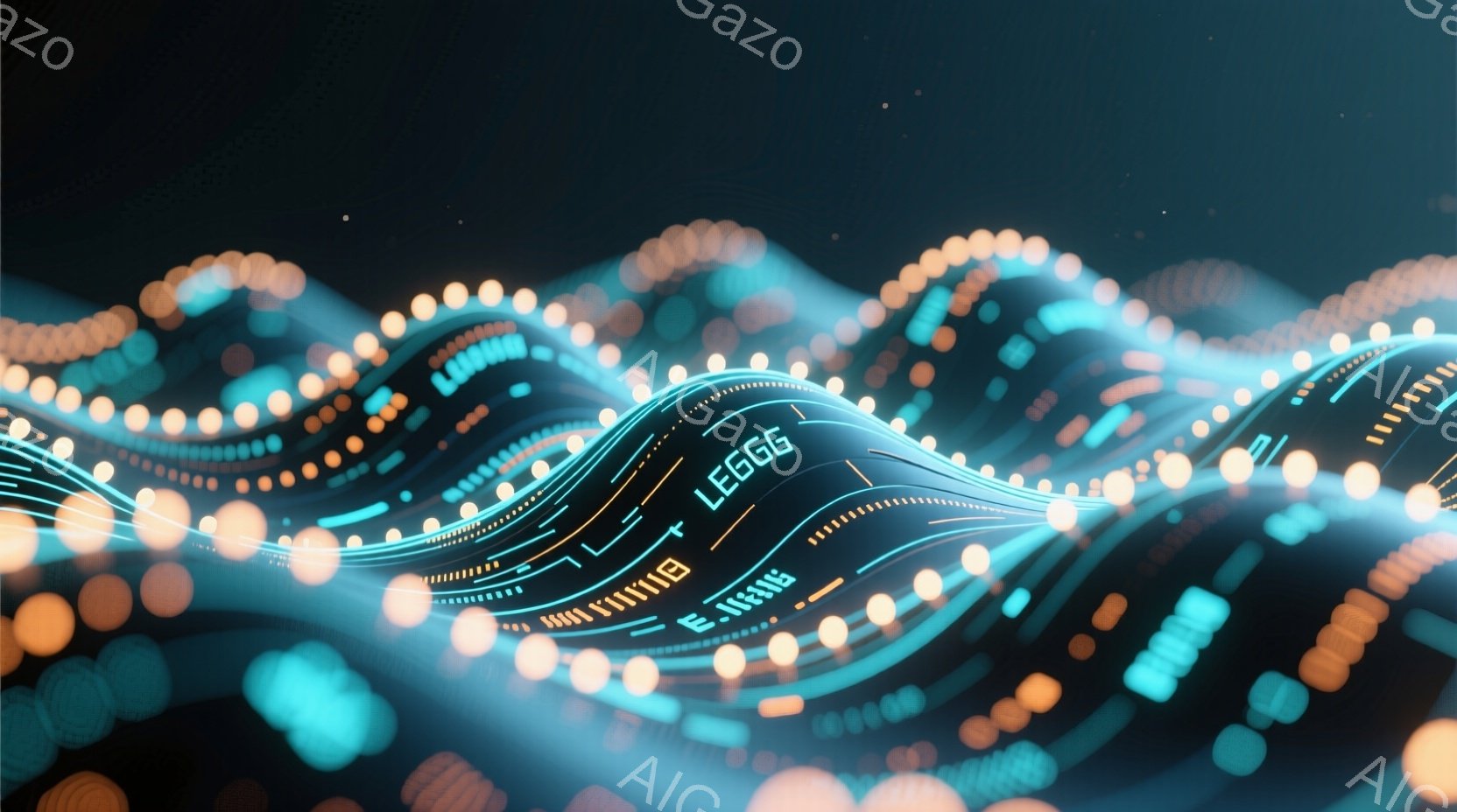 鮮やかな青色の背景に、無数の小さなオレンジ色の光点が波のように流れる様子が描かれています。光点は線で繋がれており、まるでデジタルなエネルギーの流れや、データストリームを視覚化したような印象を与えます。 - AI生成フリー素材